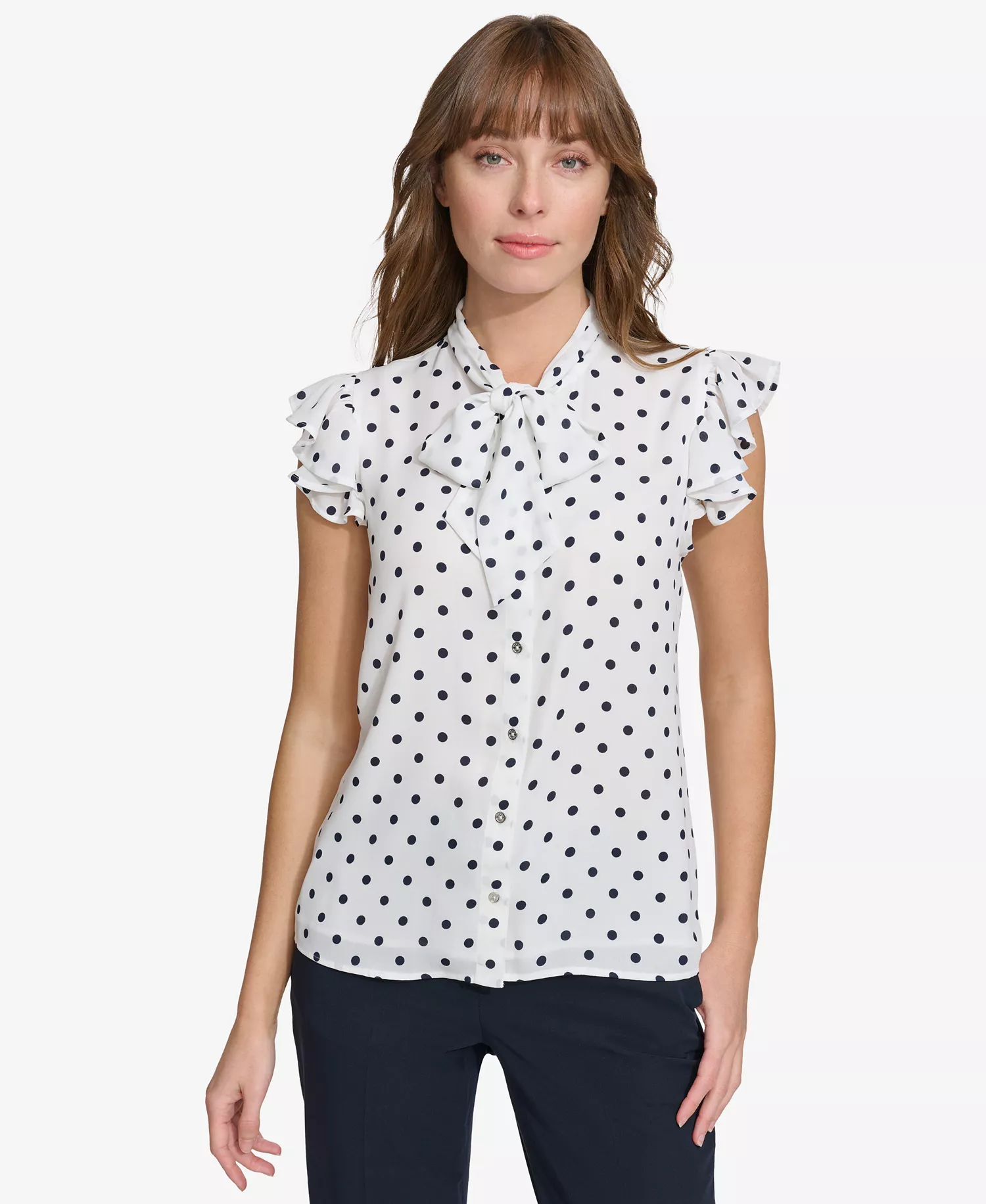 Women's Ruffle-Sleeve Bow Blouse - Ivry/midnight - L