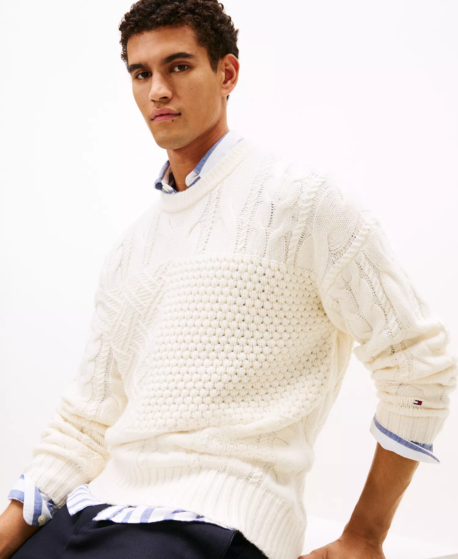 Men's Flag Cable Crewneck Sweater - Ivory Petal - XXL