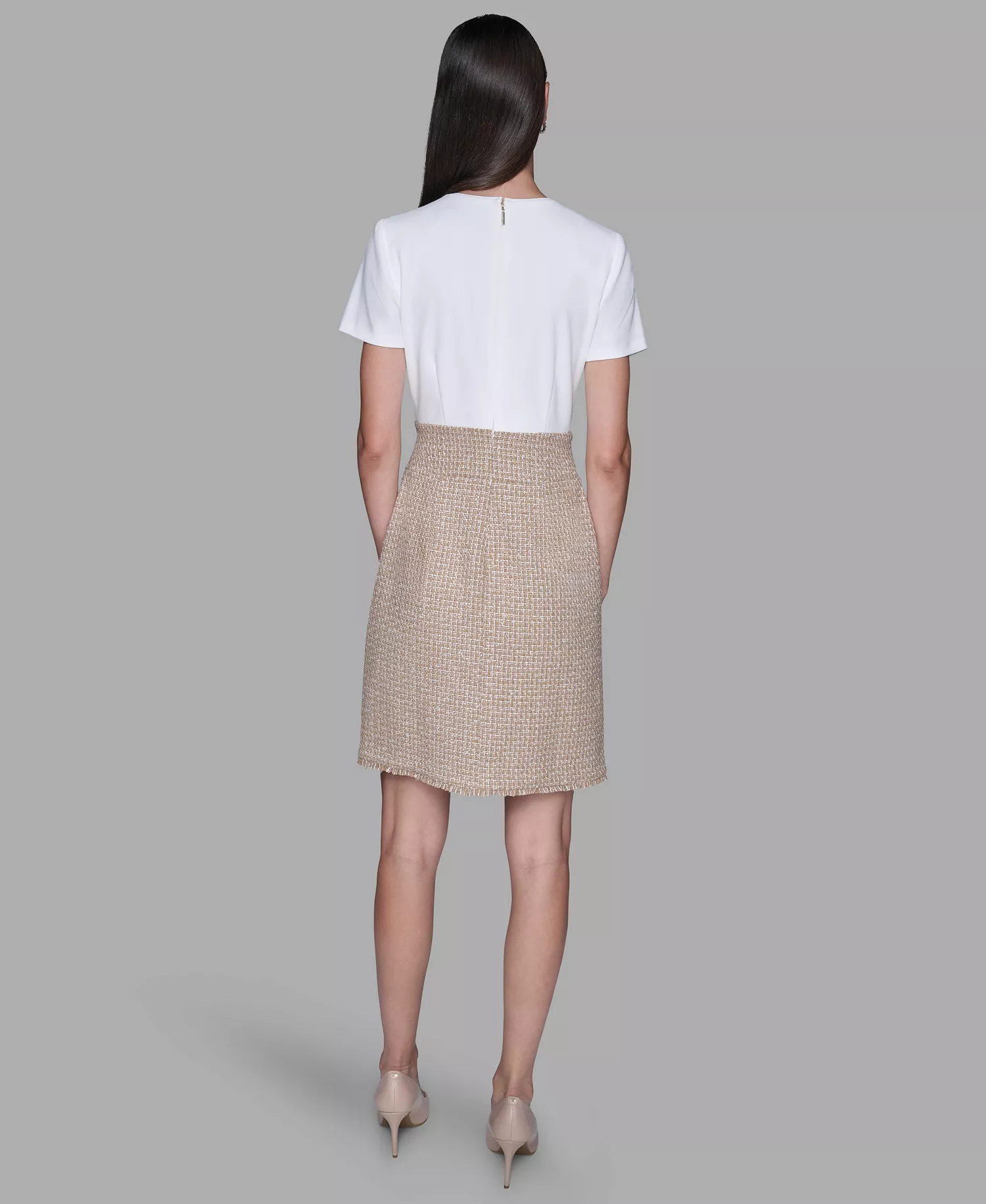 Women's Crew Neck Tweed Dress - Soft White/ Khaki - 10
