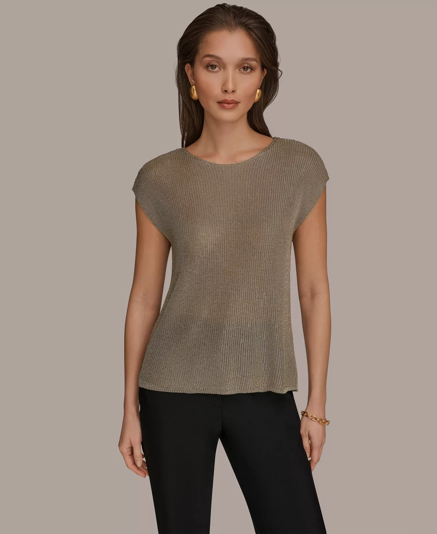 Women's Sleeveless Metallic Crew Neck Sweater - Tan/Beige - L
