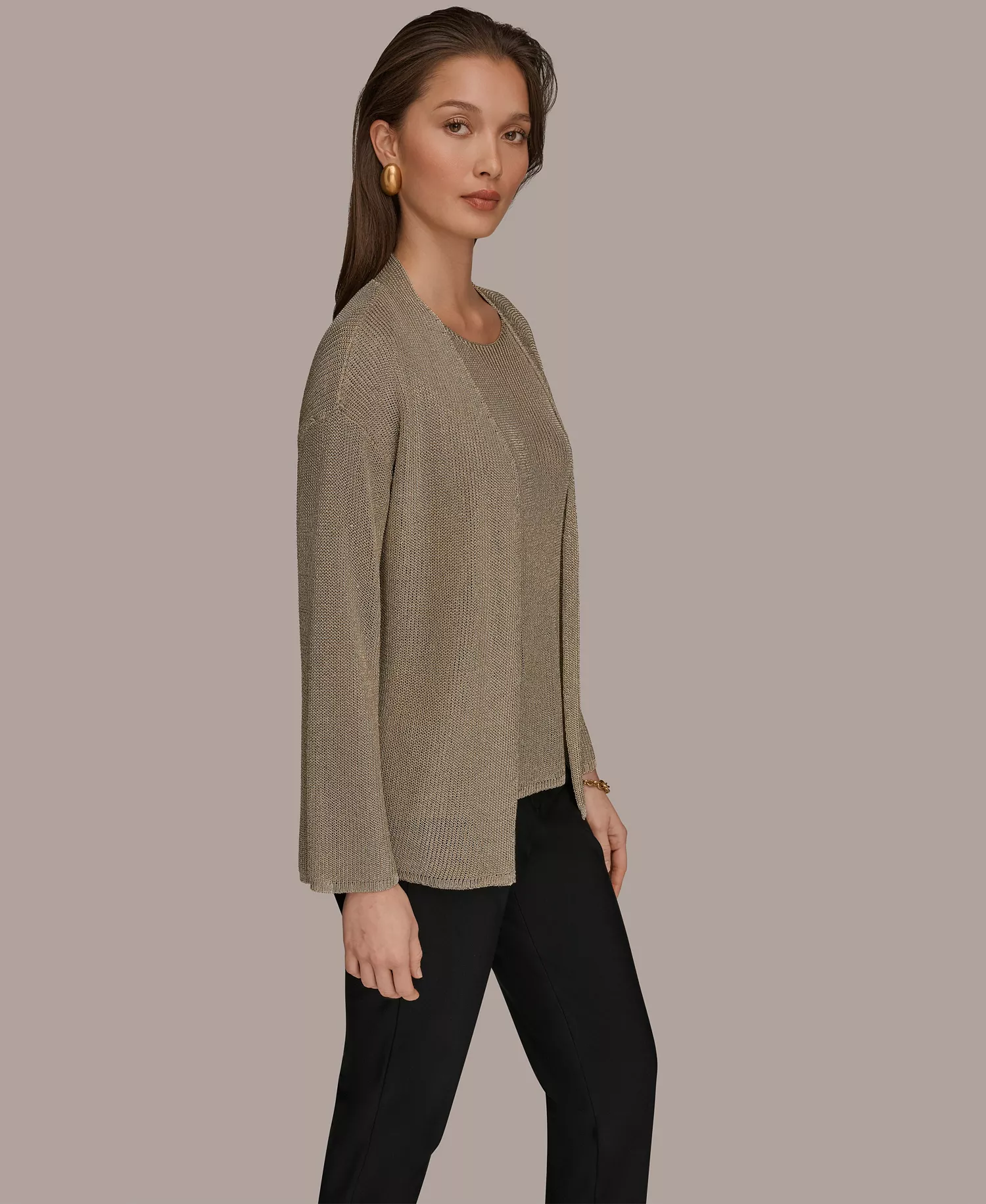 Women's Metallic V-Neck Long-Sleeve Cardigan - Tan/Beige - L