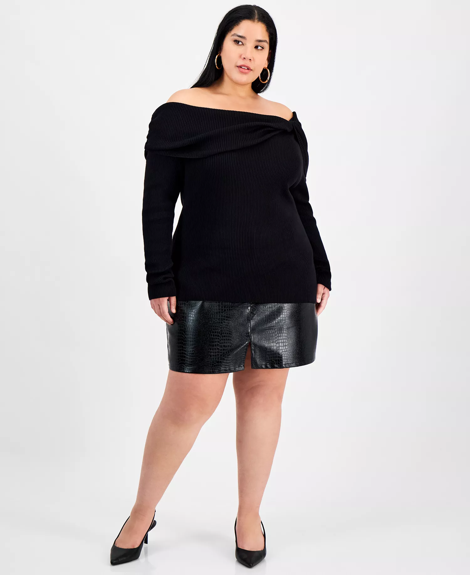 Trendy Plus Size Off-The-Shoulder Ribbed Sweater, Macy's Exclusive - Black - 0X