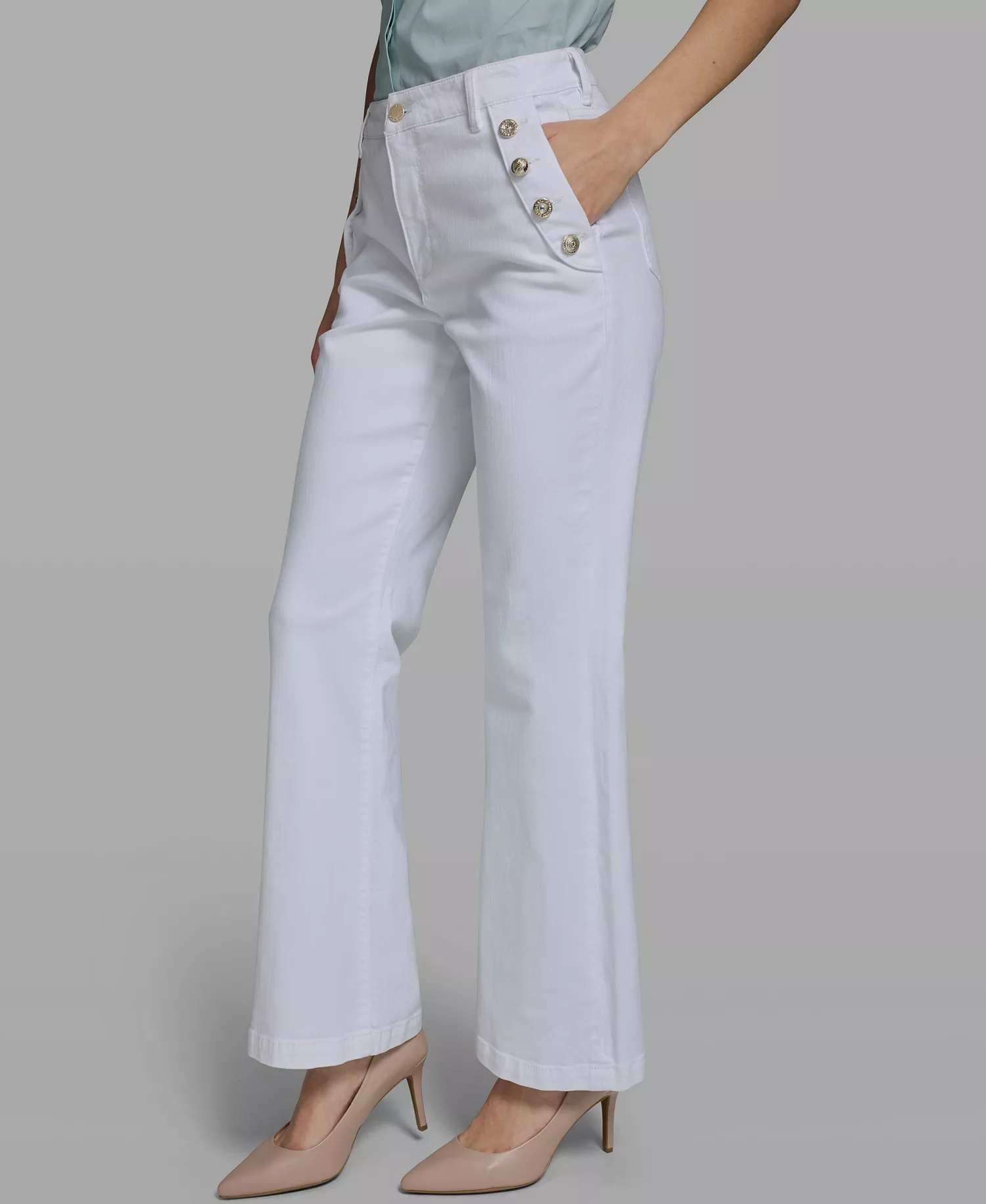 Women's Mid-Rise Studded-Pocket Flare Jeans - White Denim - 0