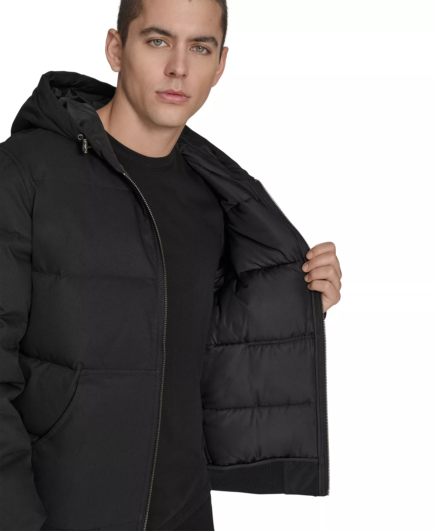 Men's Quilted Bomber with Hood Jacket - Black - 2XL