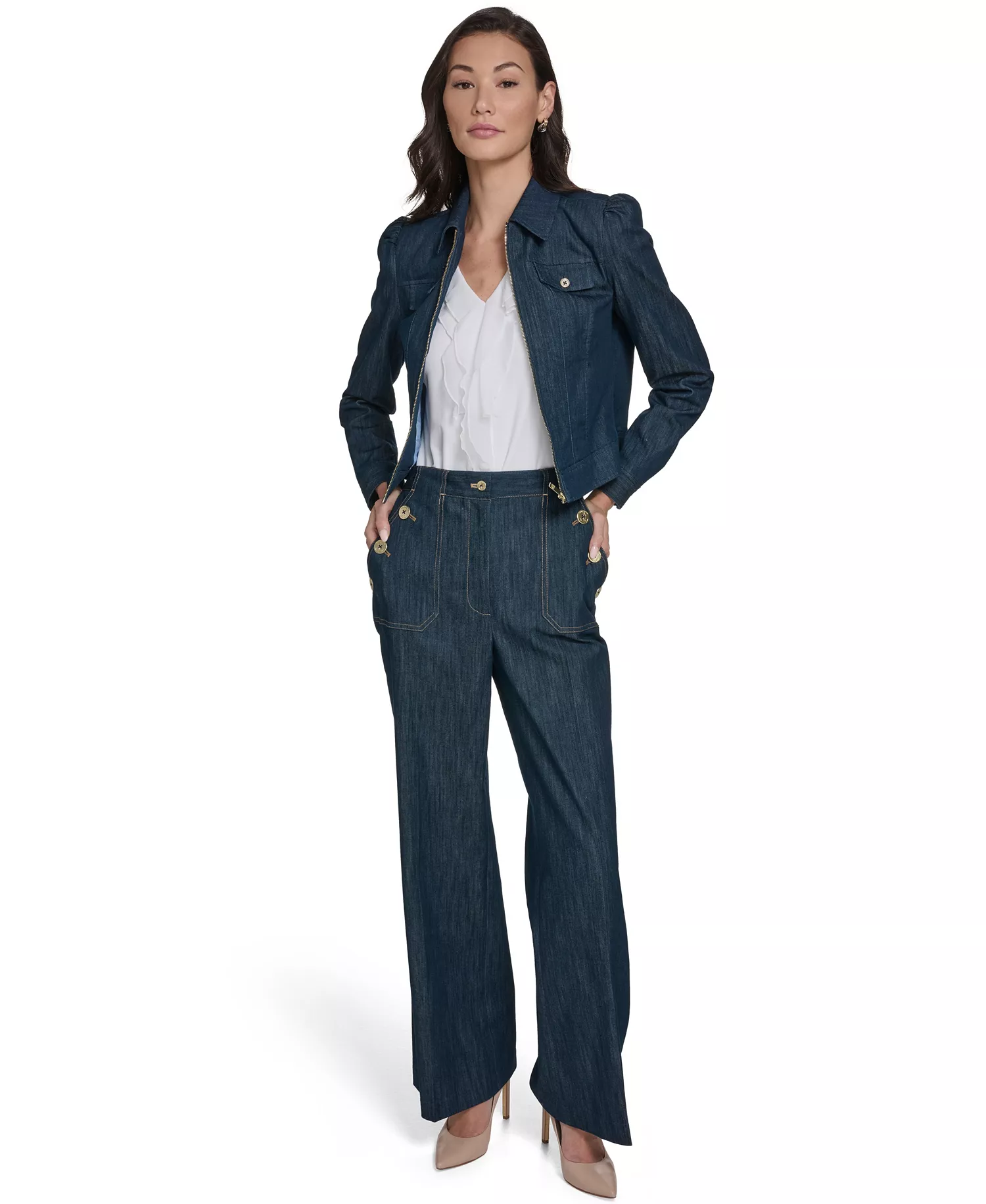 Women's Denim Zip Trucker Jacket - Navy - L