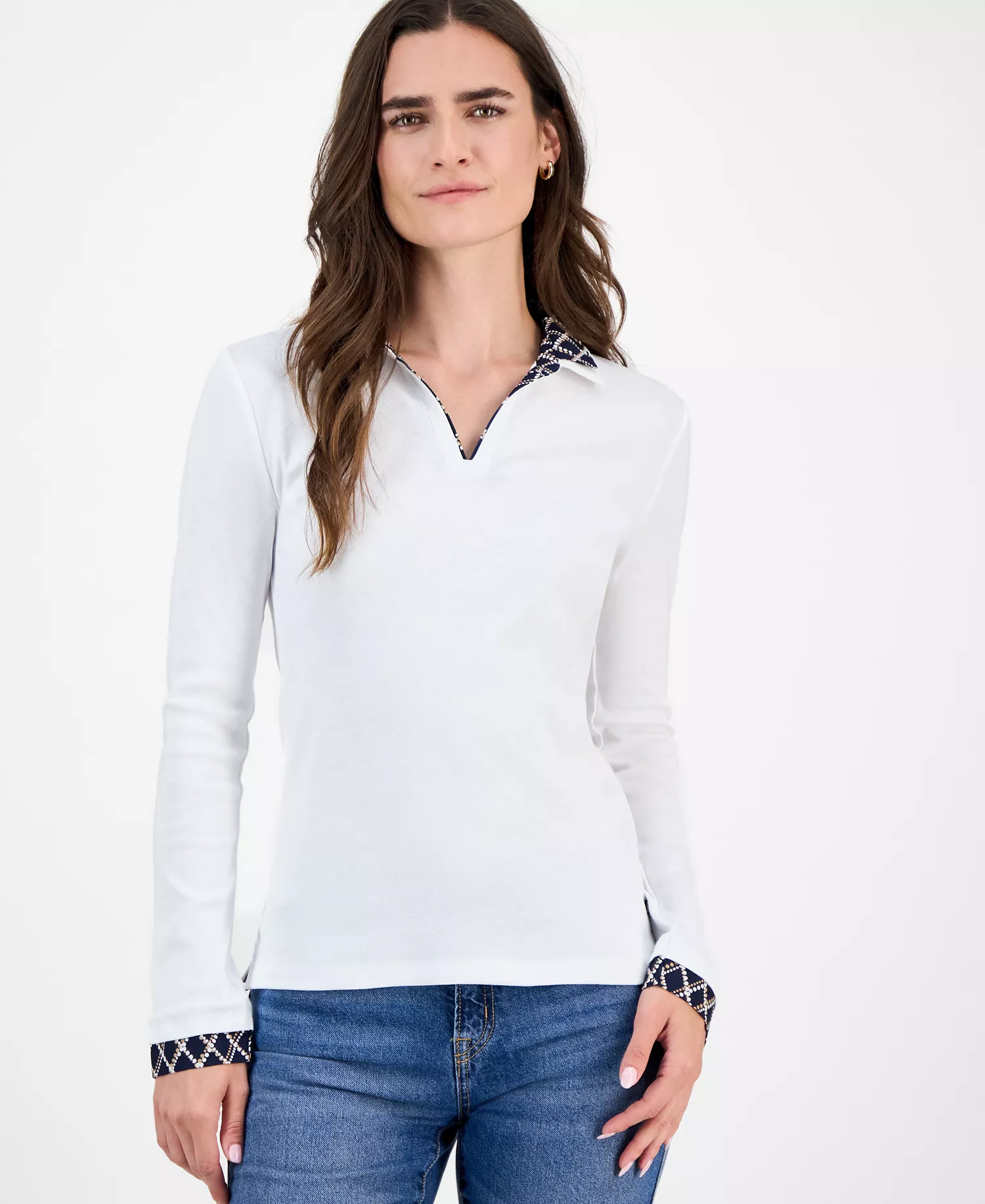 Nautica Women's Double-Collar Long-Sleeve Top - Bright White - L