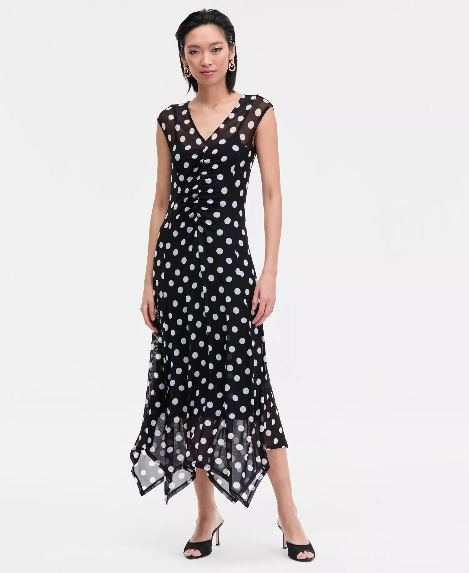 Women's Printed V-Neck Midi Dress, Macy's Exclusive - Mona Dots - L