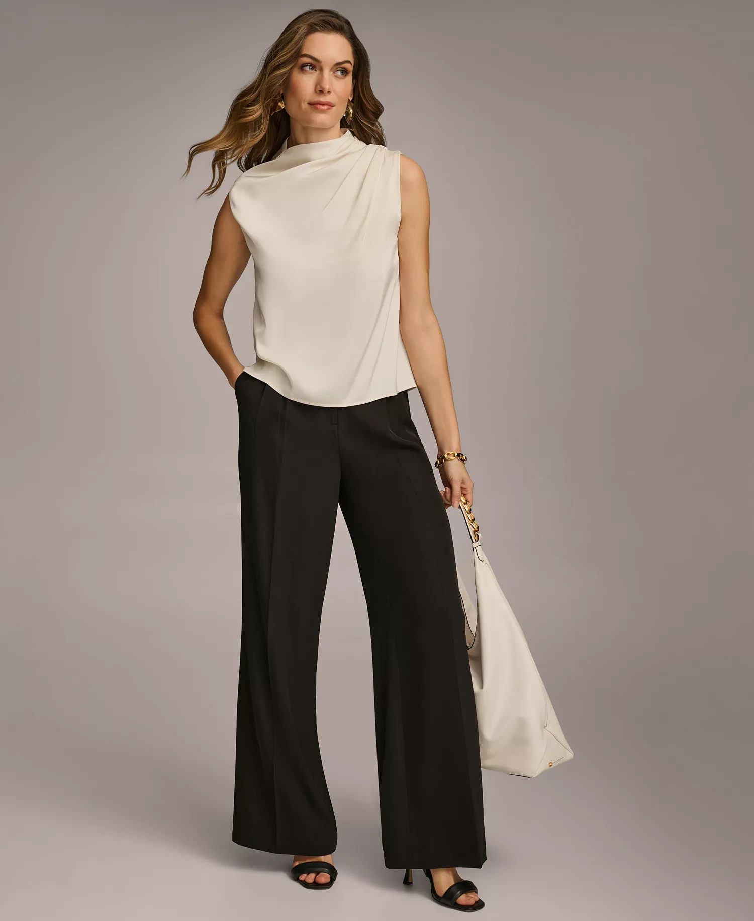 Women's Draped High Neck Sleeveless Top, Regular & Petite Sizes - Black - L