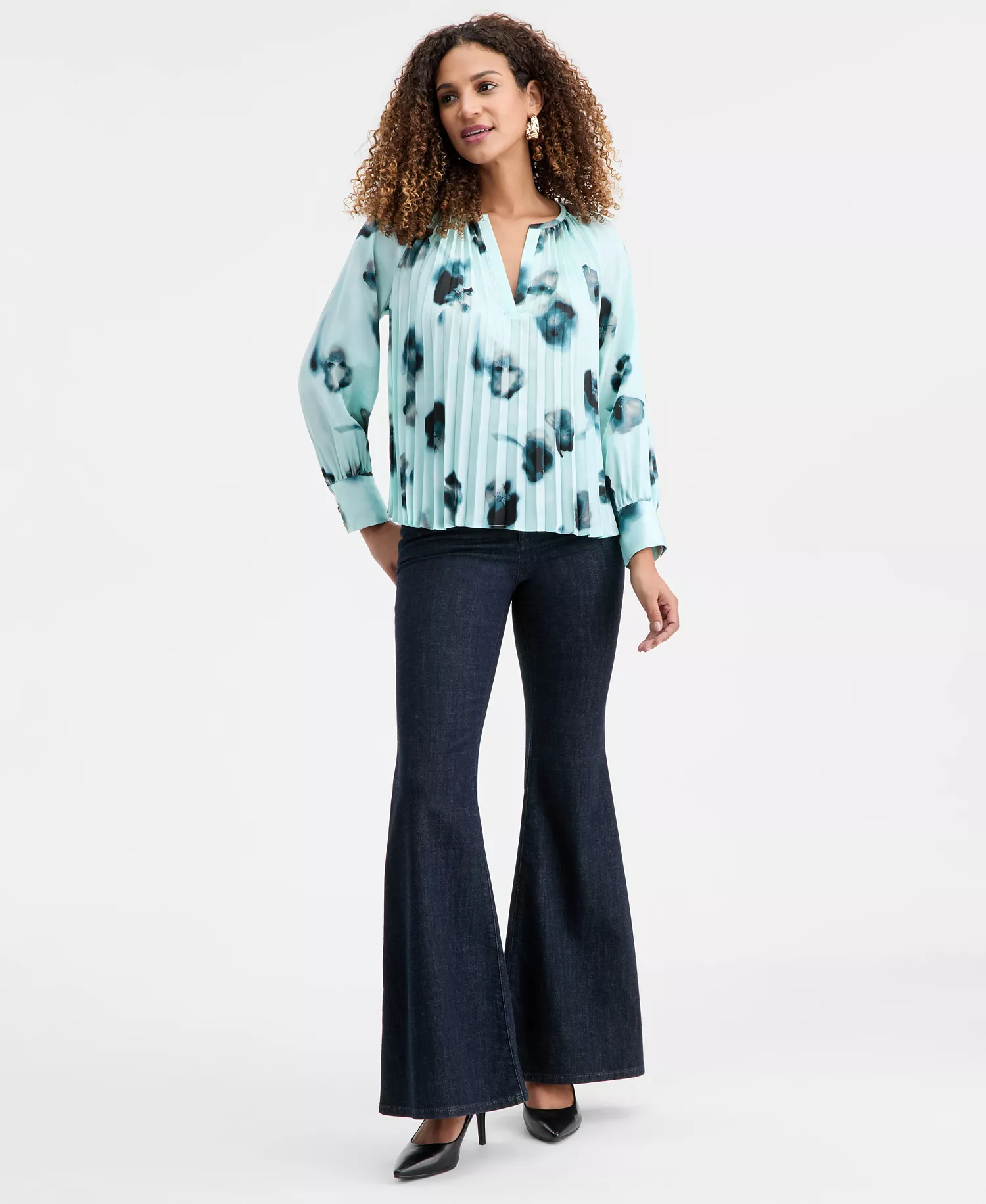 I.N.C. Concepts Women's Long Sleeve Printed Pleated Blouse, Macy's Exclusive - Millie Garden - L