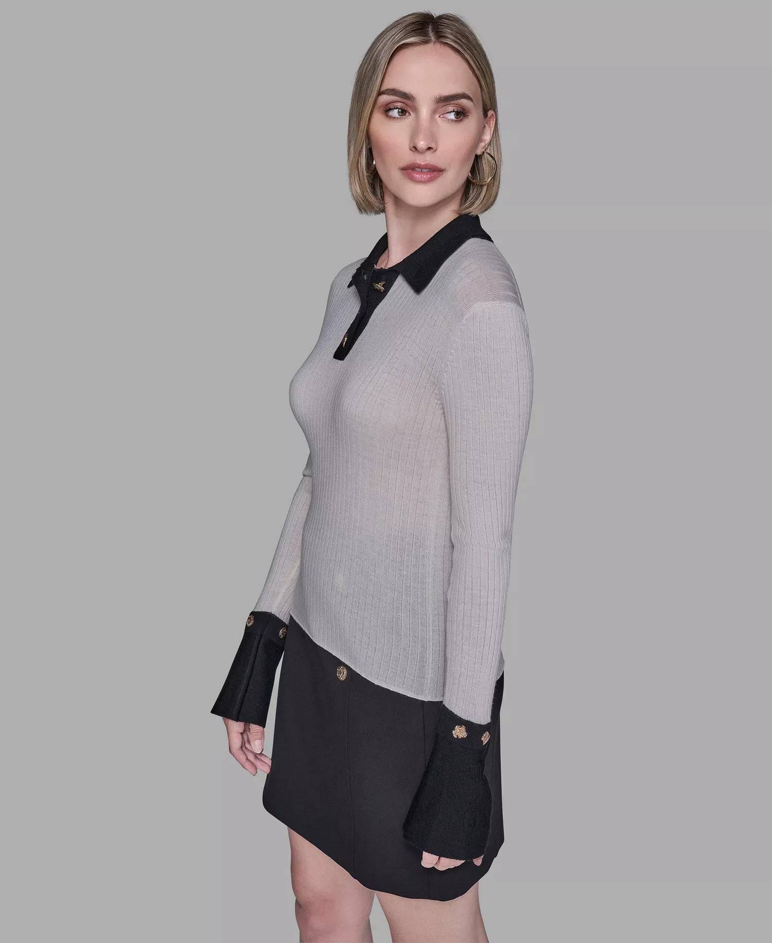Women's Contrast Collared Sweater - Birch/Black - L