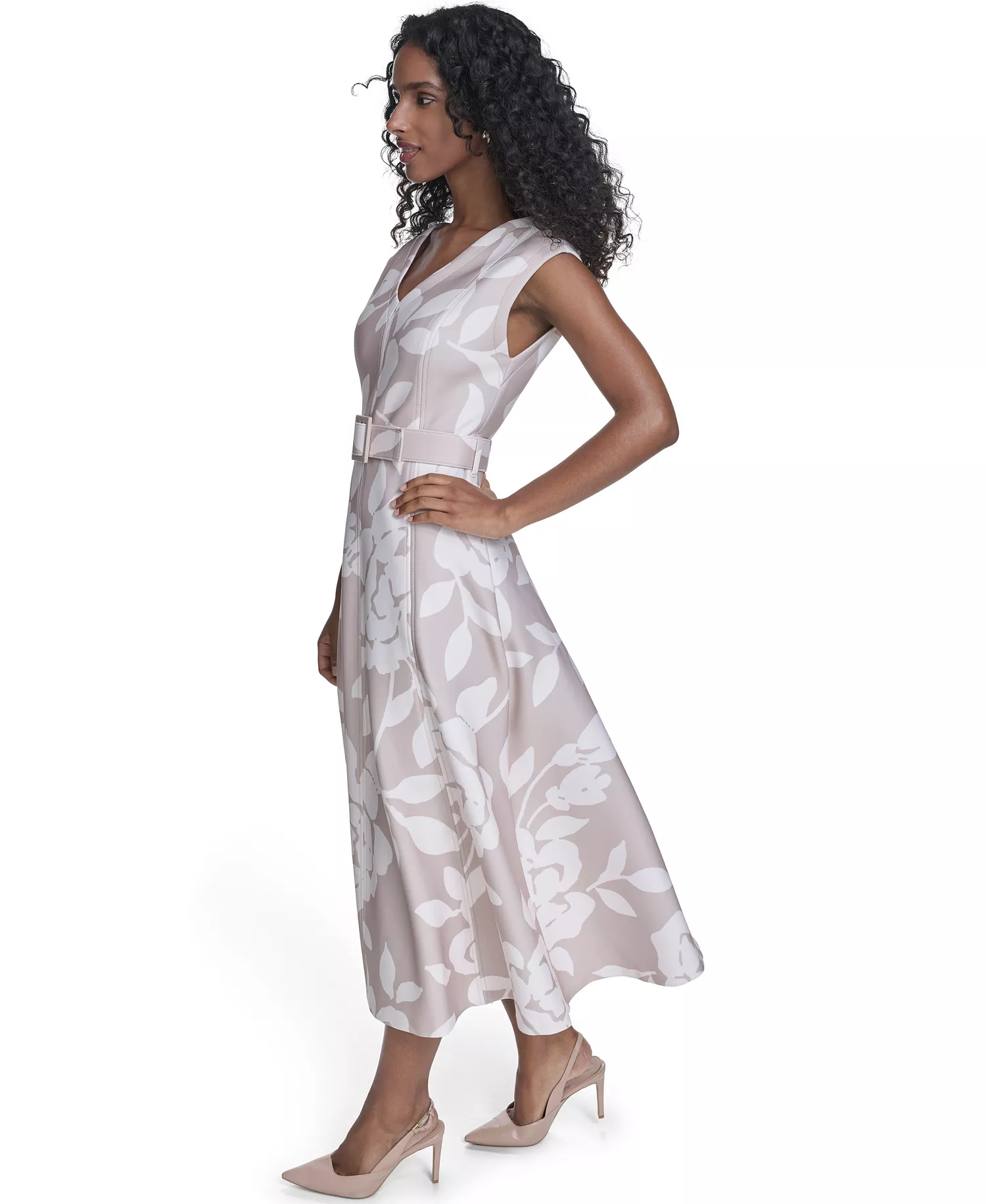 Women's Scuba Belted V-Neck Midi Dress - Cashew/Cream - 10