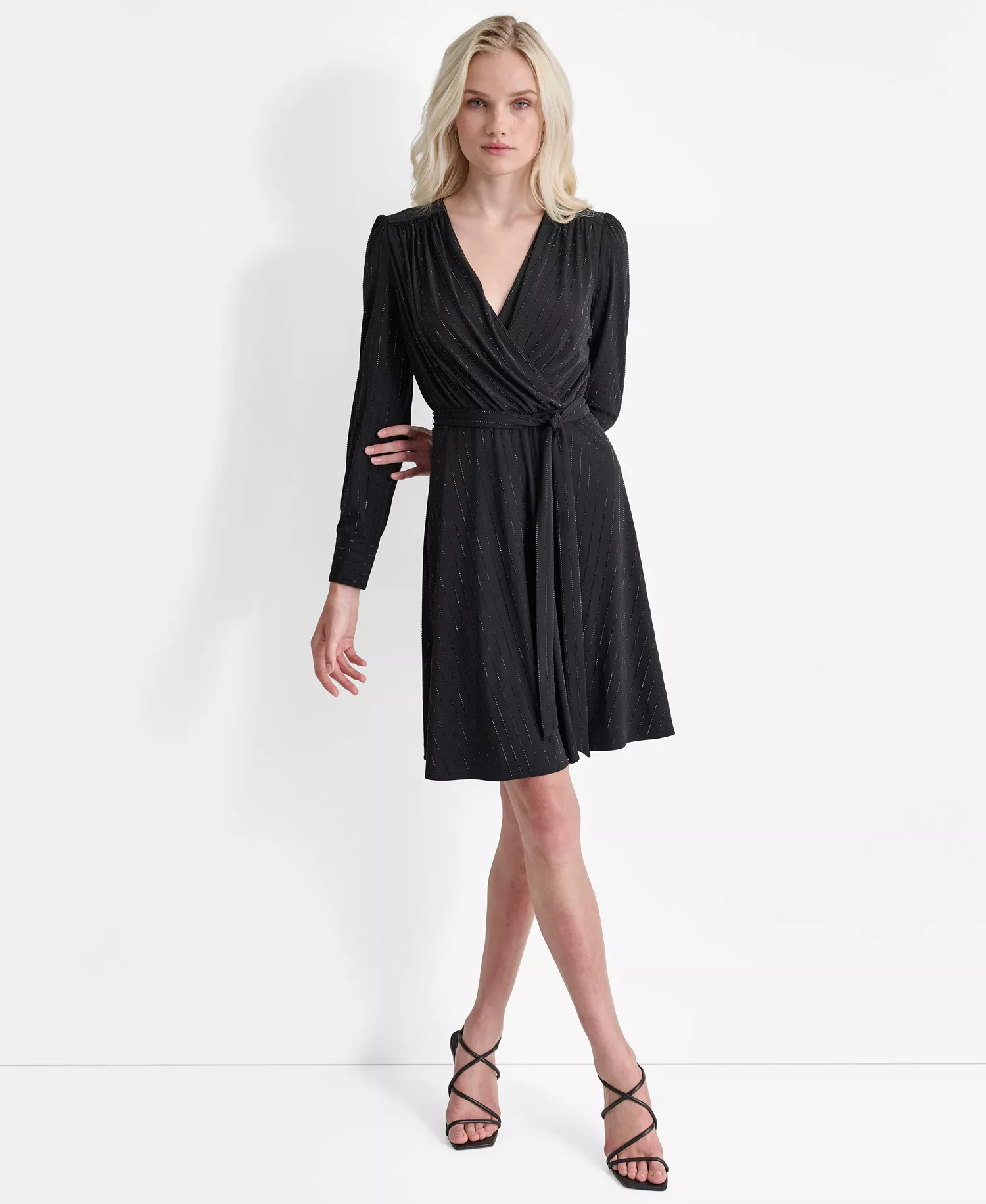 Women's Long Sleeve Surplice Faux Wrap Dress - Black - 10