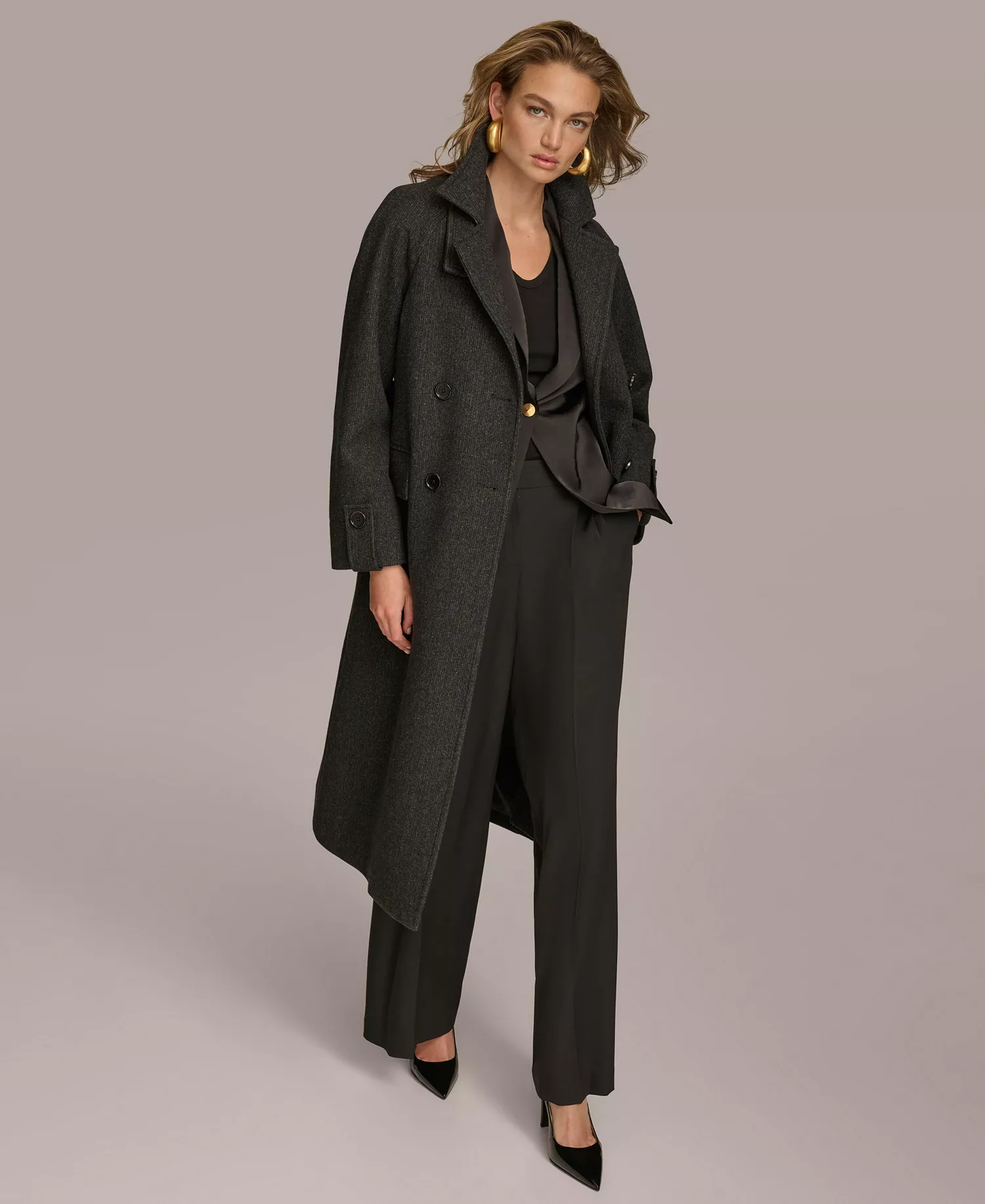 Women's Double-Breasted Belted Wrap Coat - Black - L