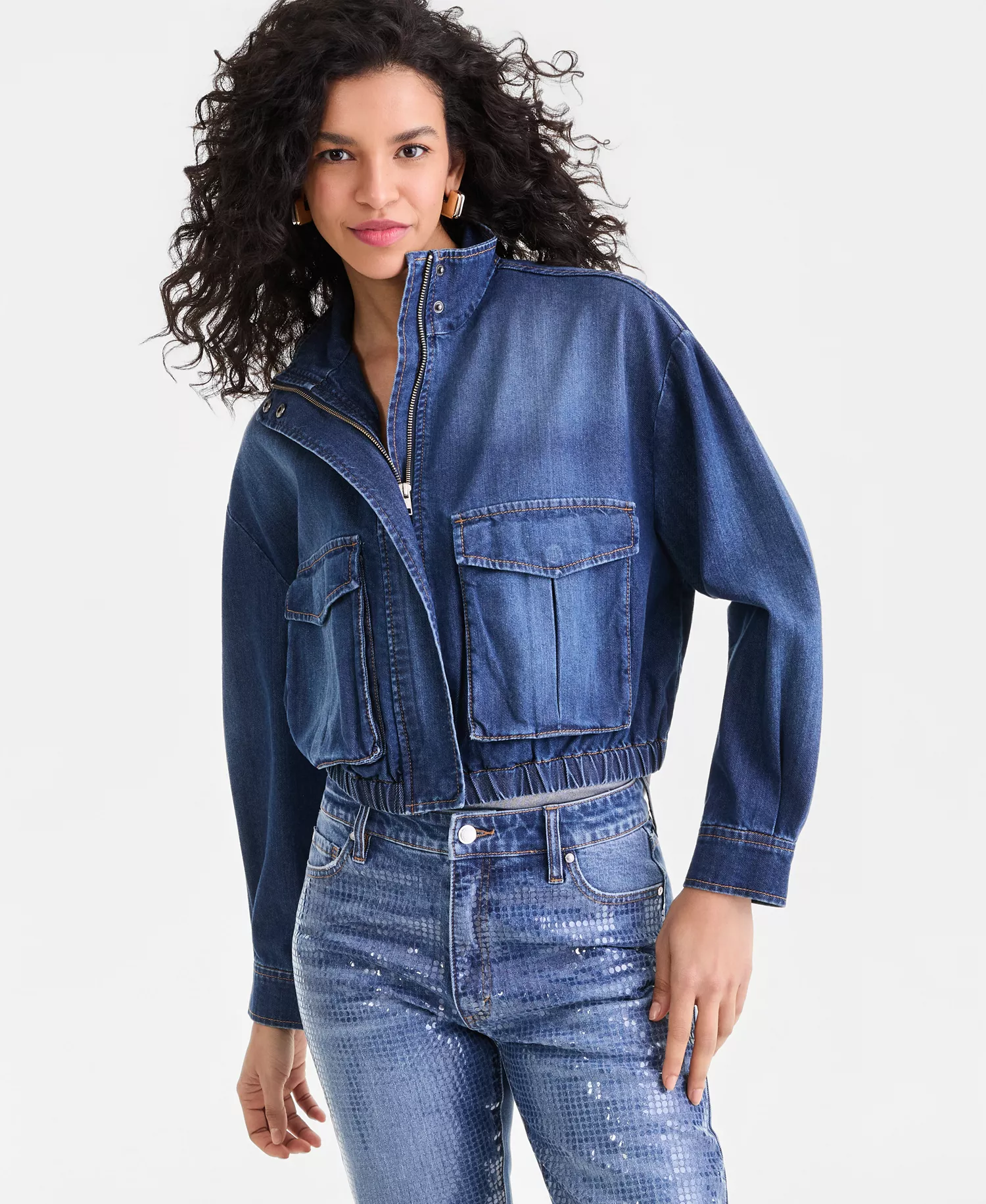 Women's Denim Bomber Jacket, Macy's Exclusive - Blue Sky Wash - L