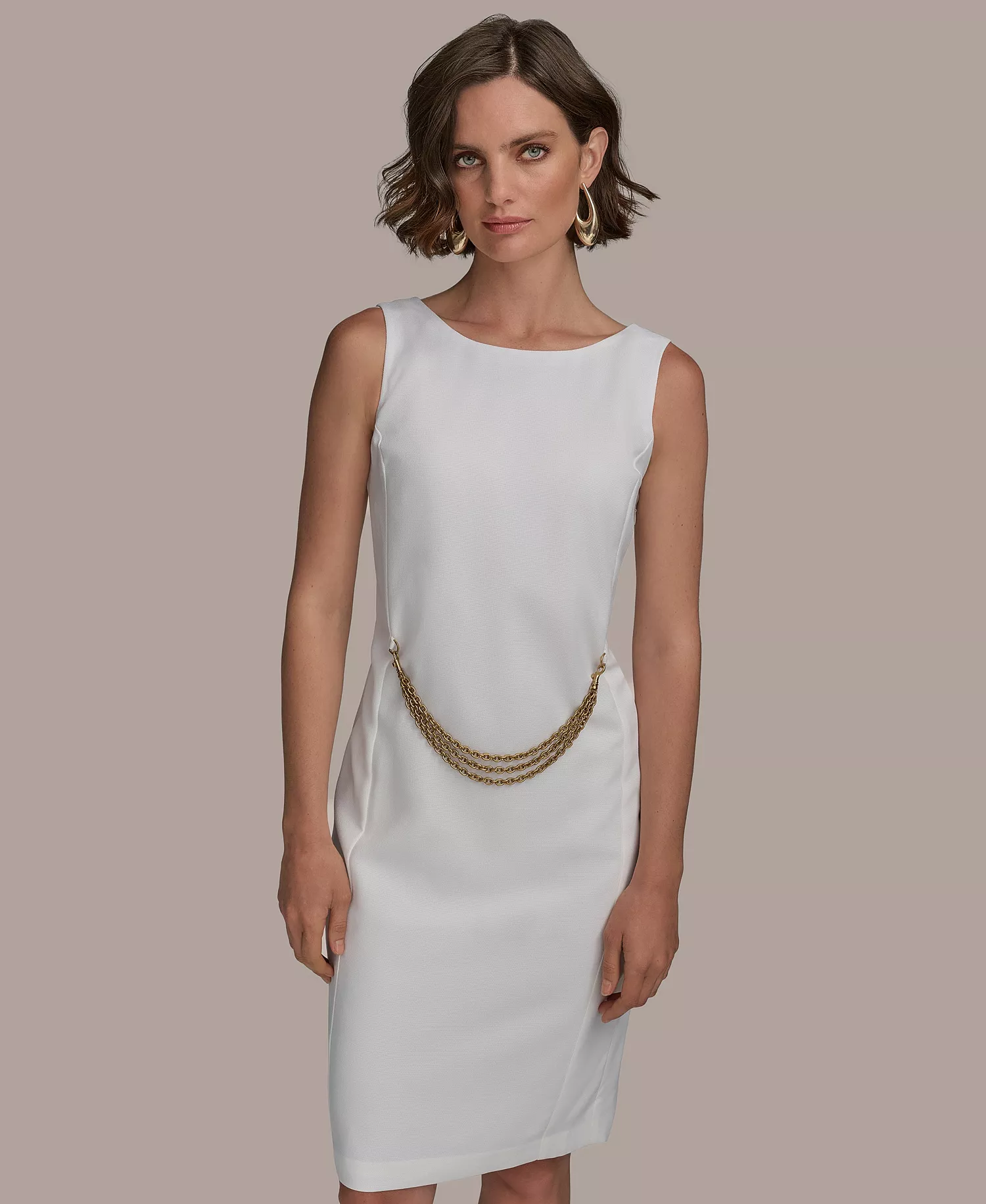 Women's Sleeveless Chain-Belt Sheath Dress - Cream - 10