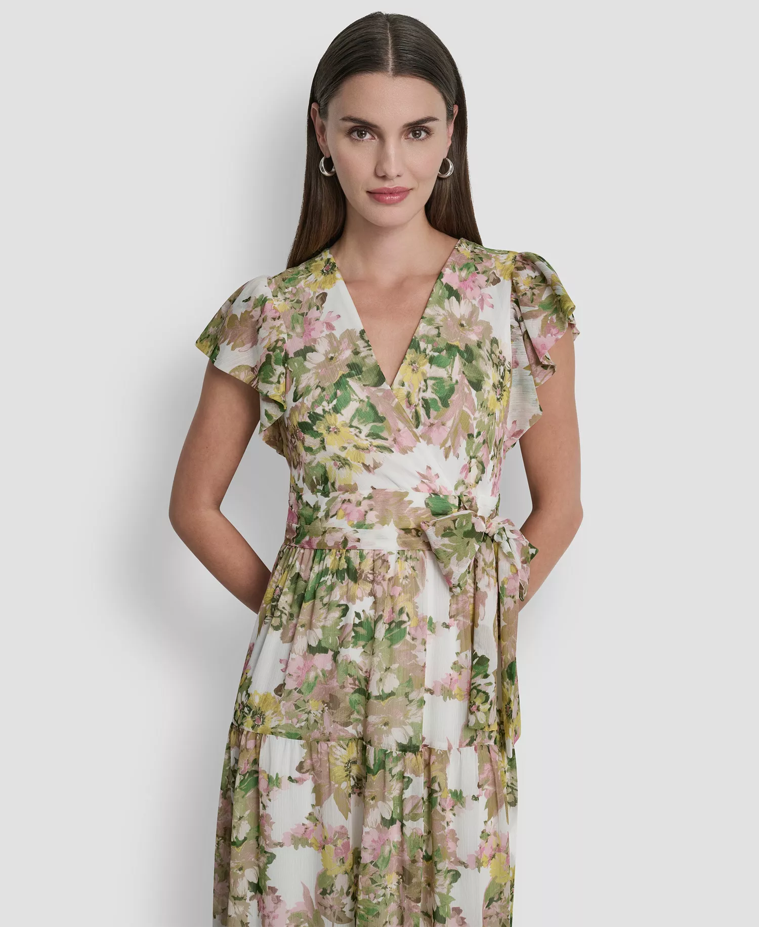 Women's V-Neck Tiered Long Dress - Ivory Multi - 10