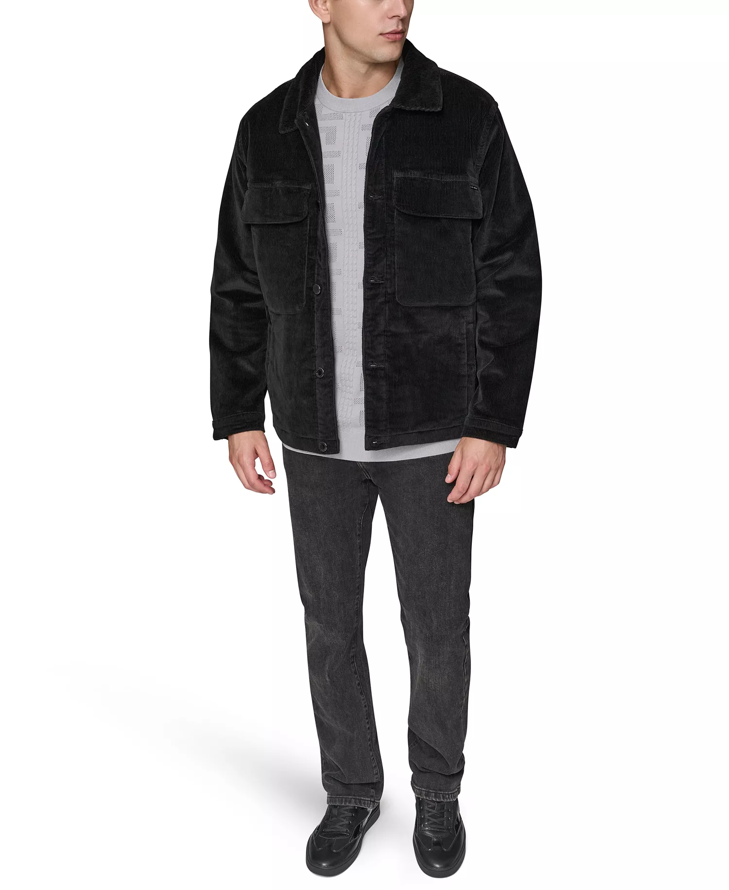 Men's Corduroy Collared Shirt Jacket - Black - 2XL