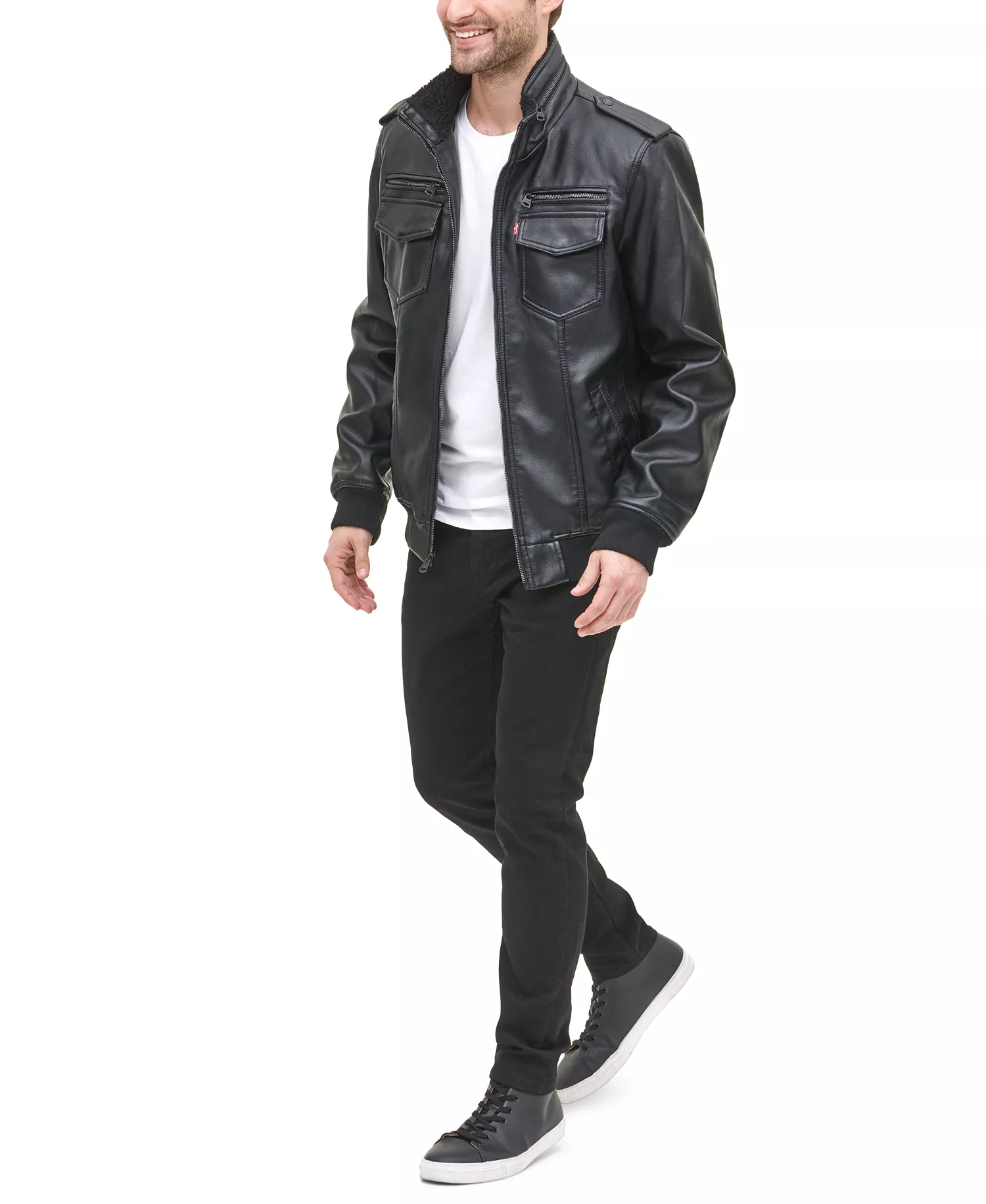 Men's Sherpa Lined Faux Leather Aviator Bomber - Black - 2XL