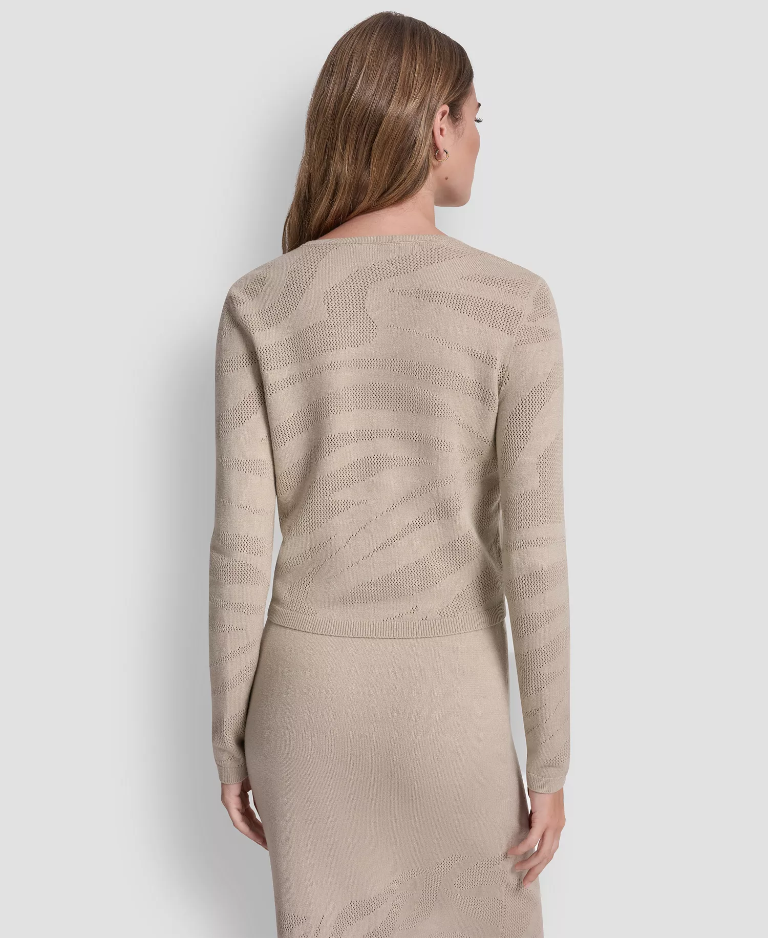 Women's Crewneck Zebra Pointelle Cropped Sweater - Pebble - L