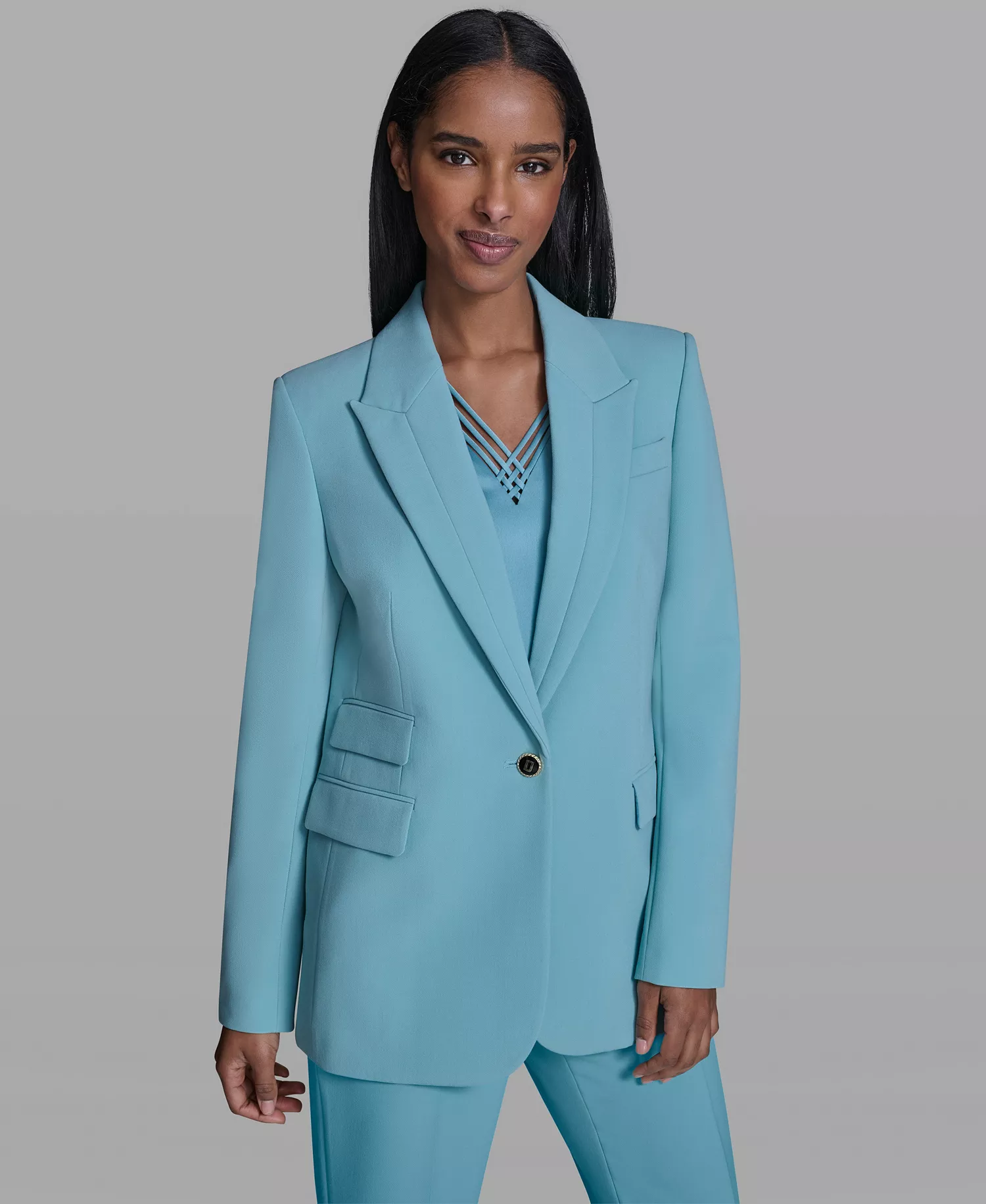 Women's Notch Lapel Collar One-Button Jacket - Aqua Mist - 0