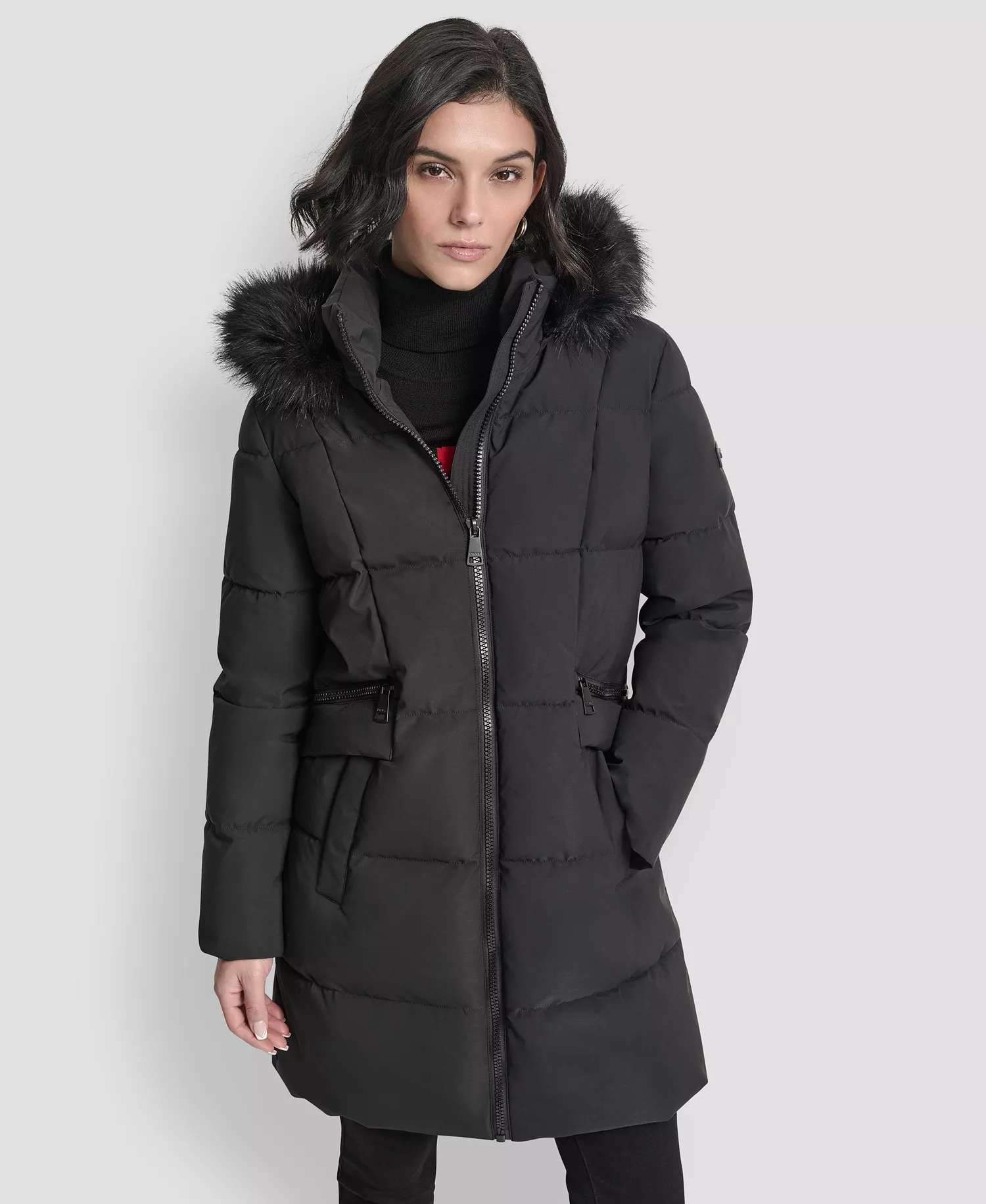 Women's Hooded Zipper Puffer Coat - Black - L