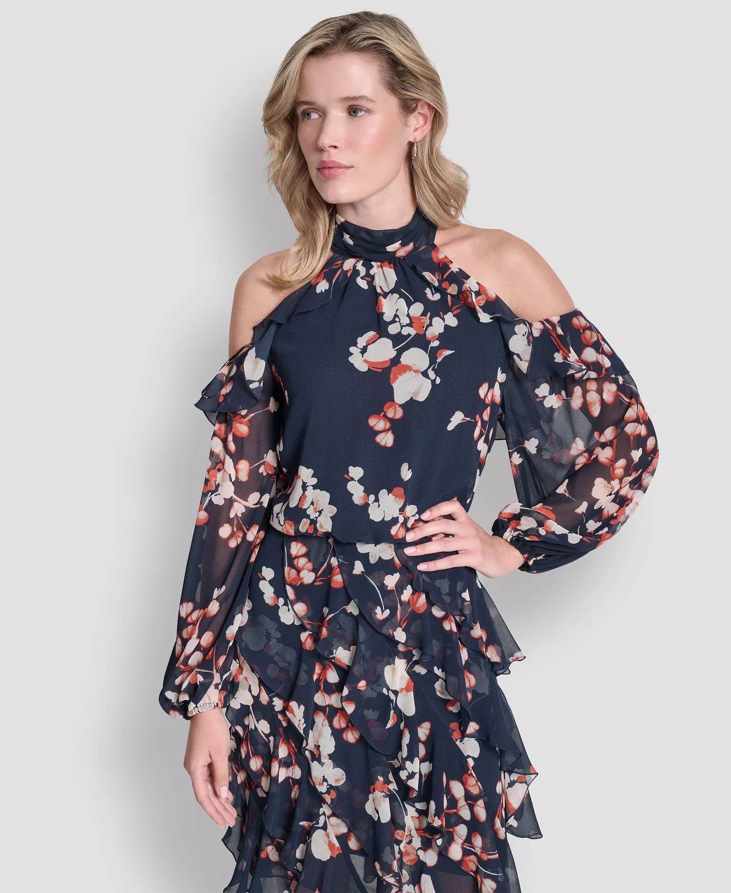 Petite Mock Neck Ruffles Short Dress - Great Lawn Indigo Multi - 0P