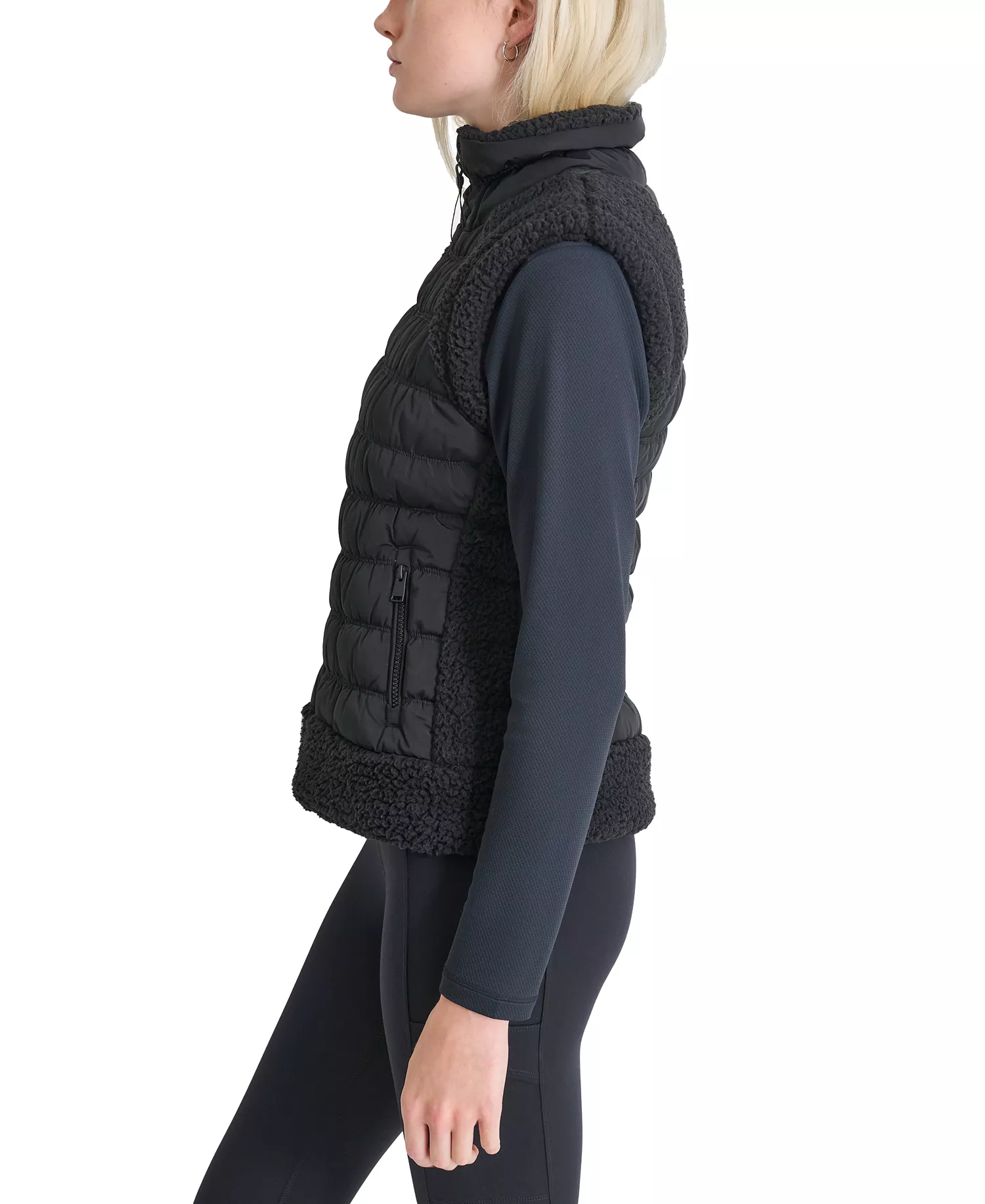 Women's Horizontal Channel Quilted Mock Neck Puffer Vest with Sherpa - Blk/black - L