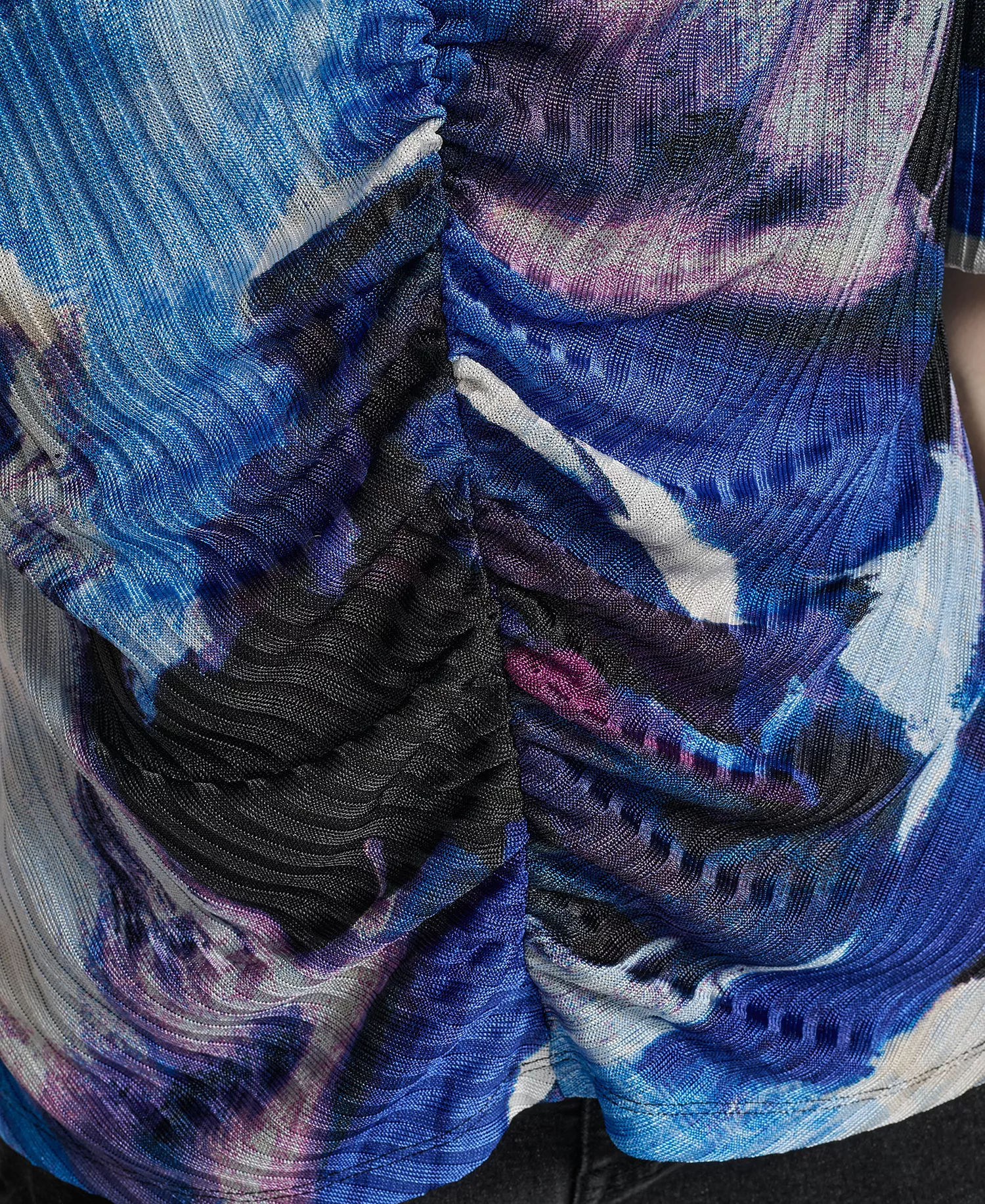 Women's Printed Puff-Sleeve Ruched Top - Blue Brush Stroke - S