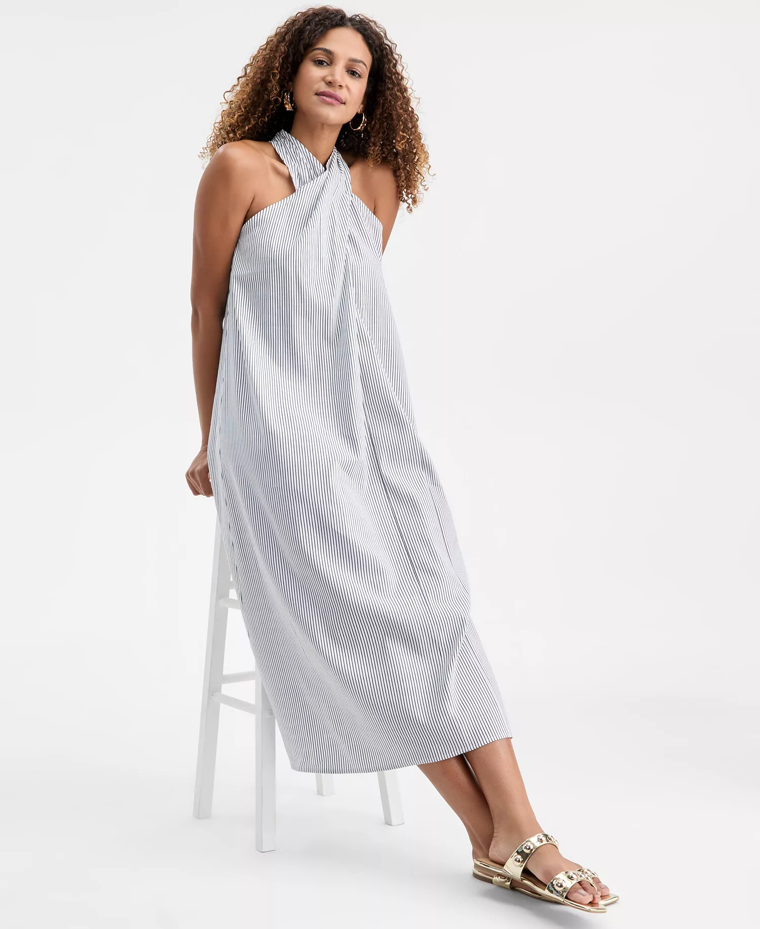 Linen-Blend Crossover Halter Midi Dress, Macy's Exclusive - Magda Stripe - M