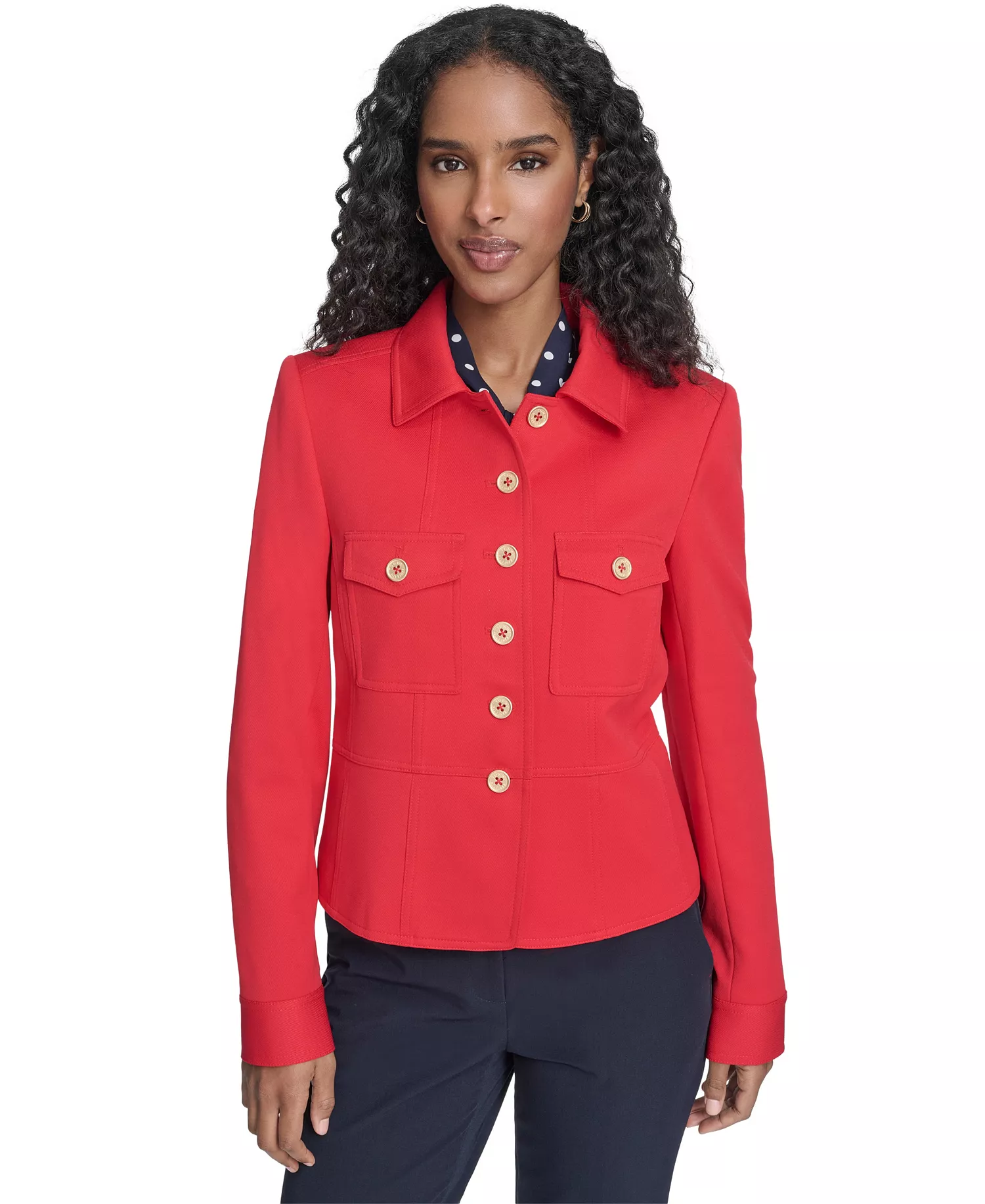Women's Military Style Button Front Twill Jacket, Sailor Pants and Striped Popover Blouse - Scarlet - 0