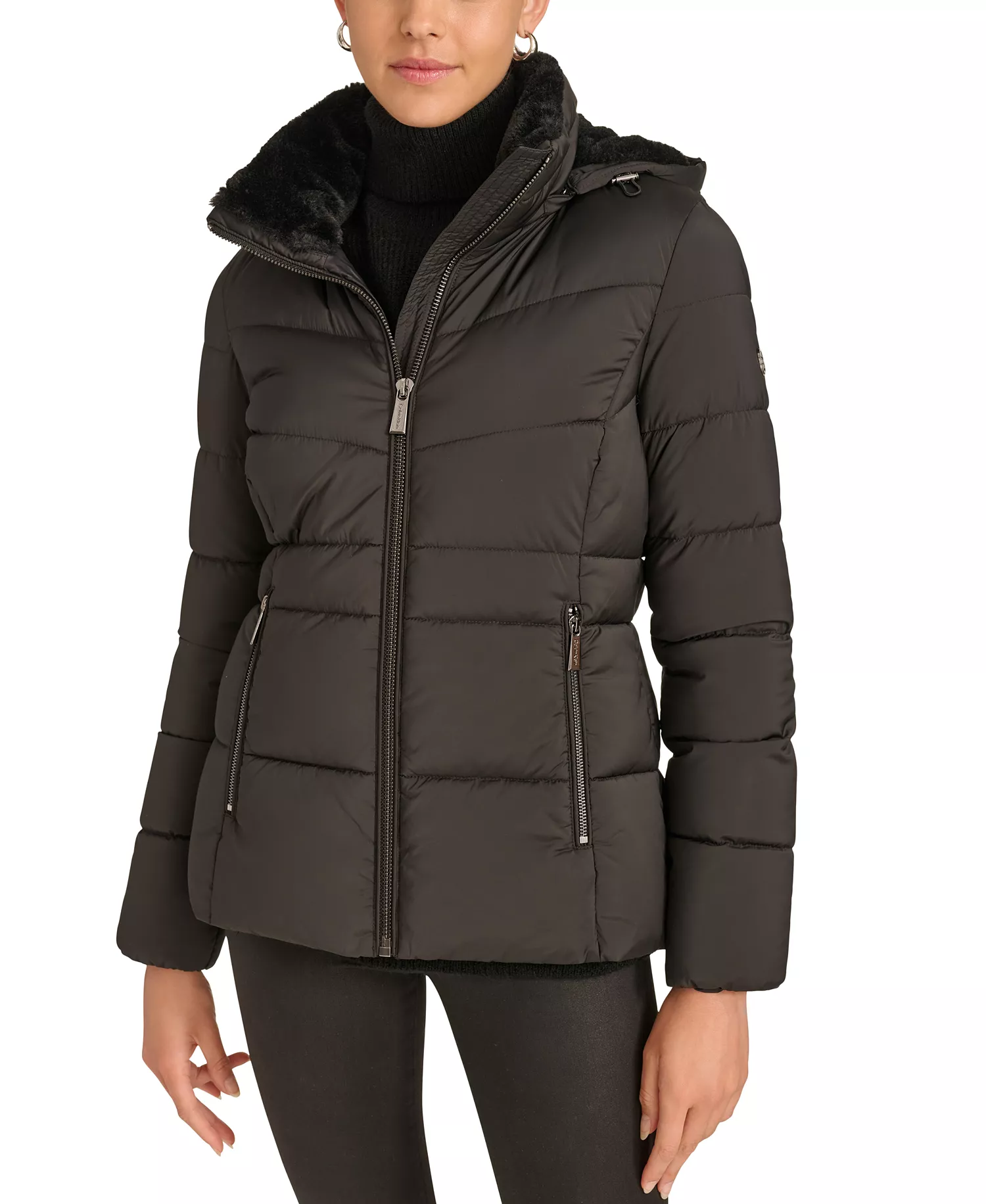 Women's Faux-Fur-Lined Hooded Puffer Coat - Black - L