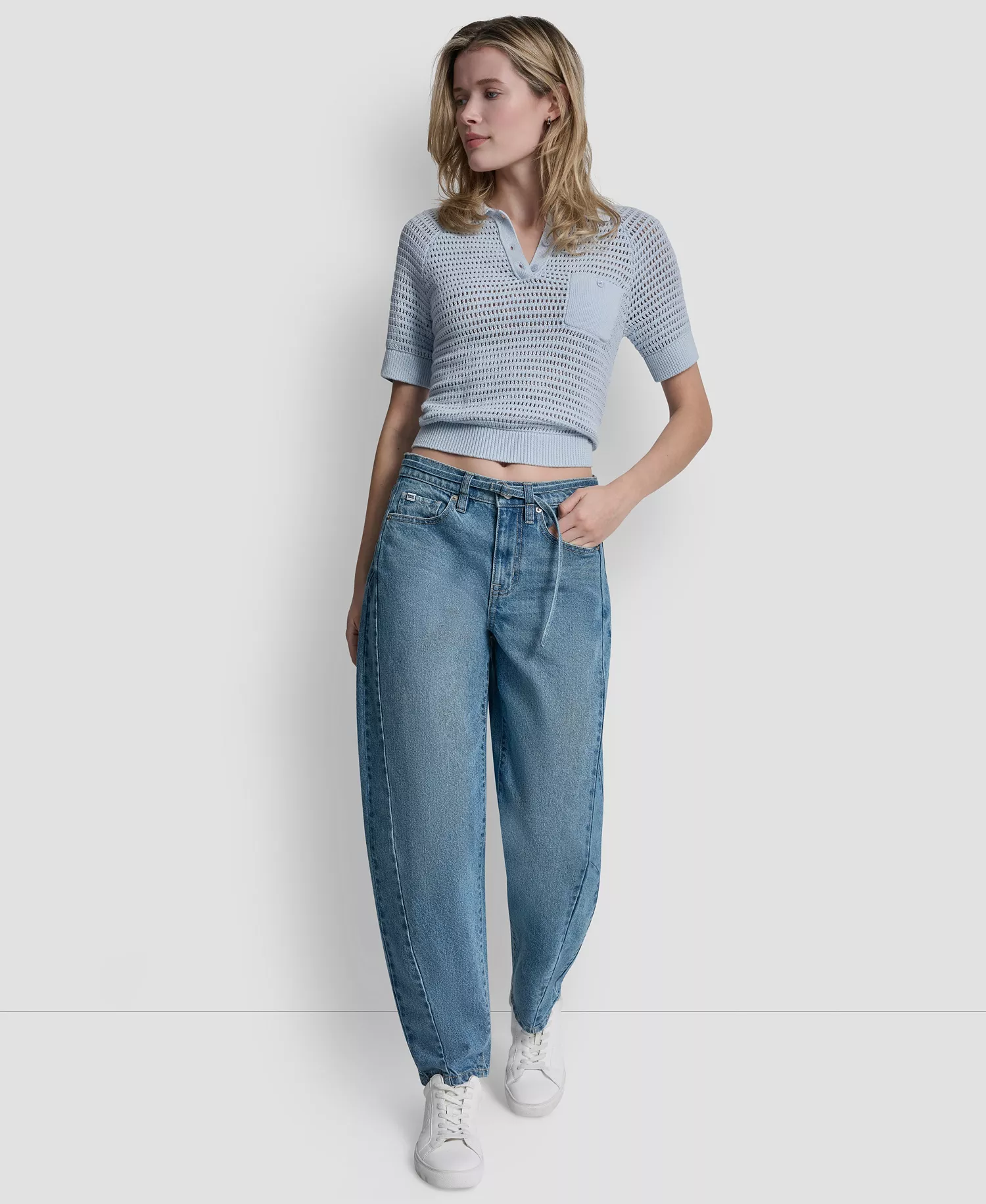 Women's Mid-Rise Forward Seamed Barrel Jeans With Self Belt - Waterford - 24