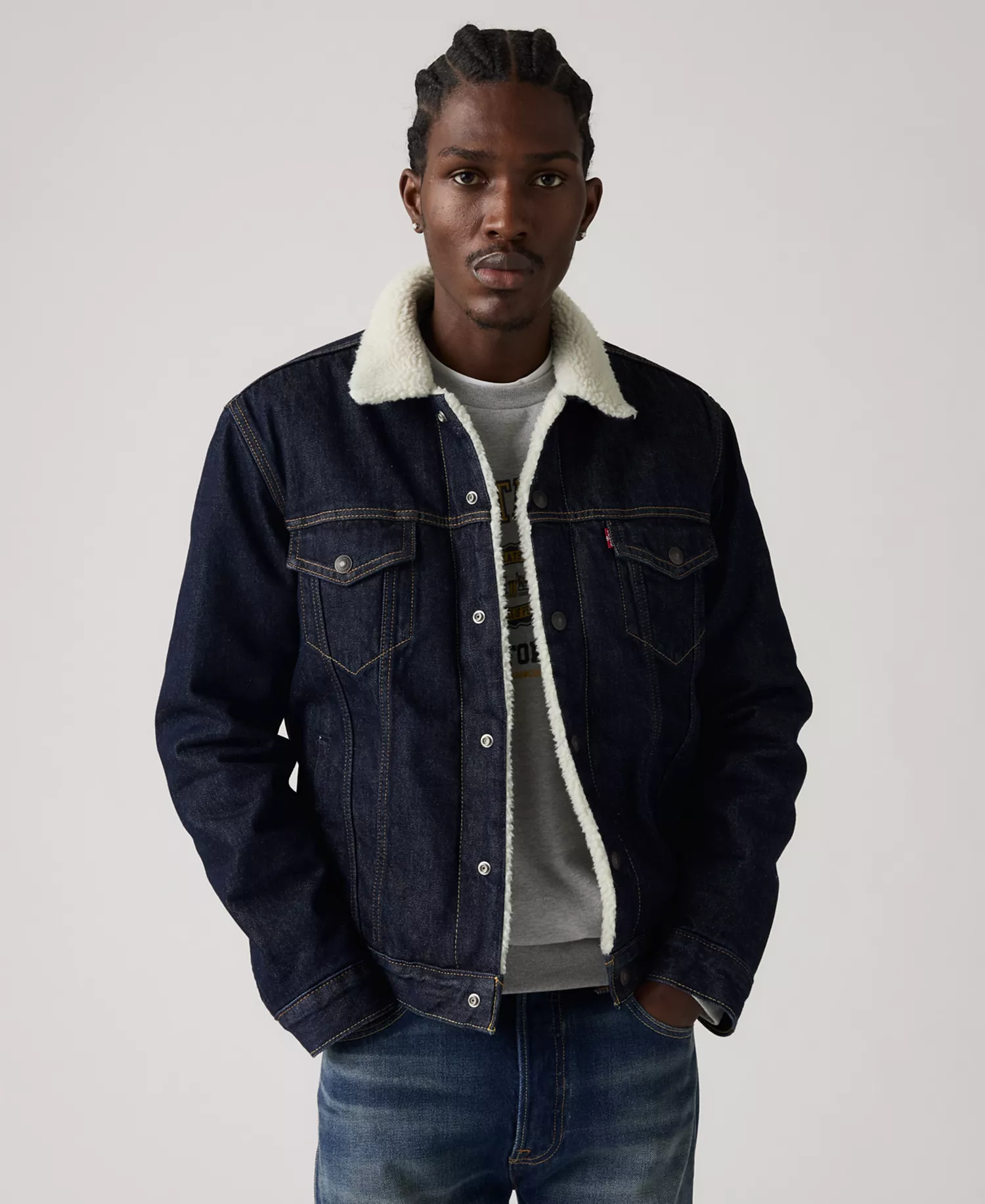 Men's Regular Fit Sherpa Denim Trucker Jacket - Dark Wash Denim - 2XL