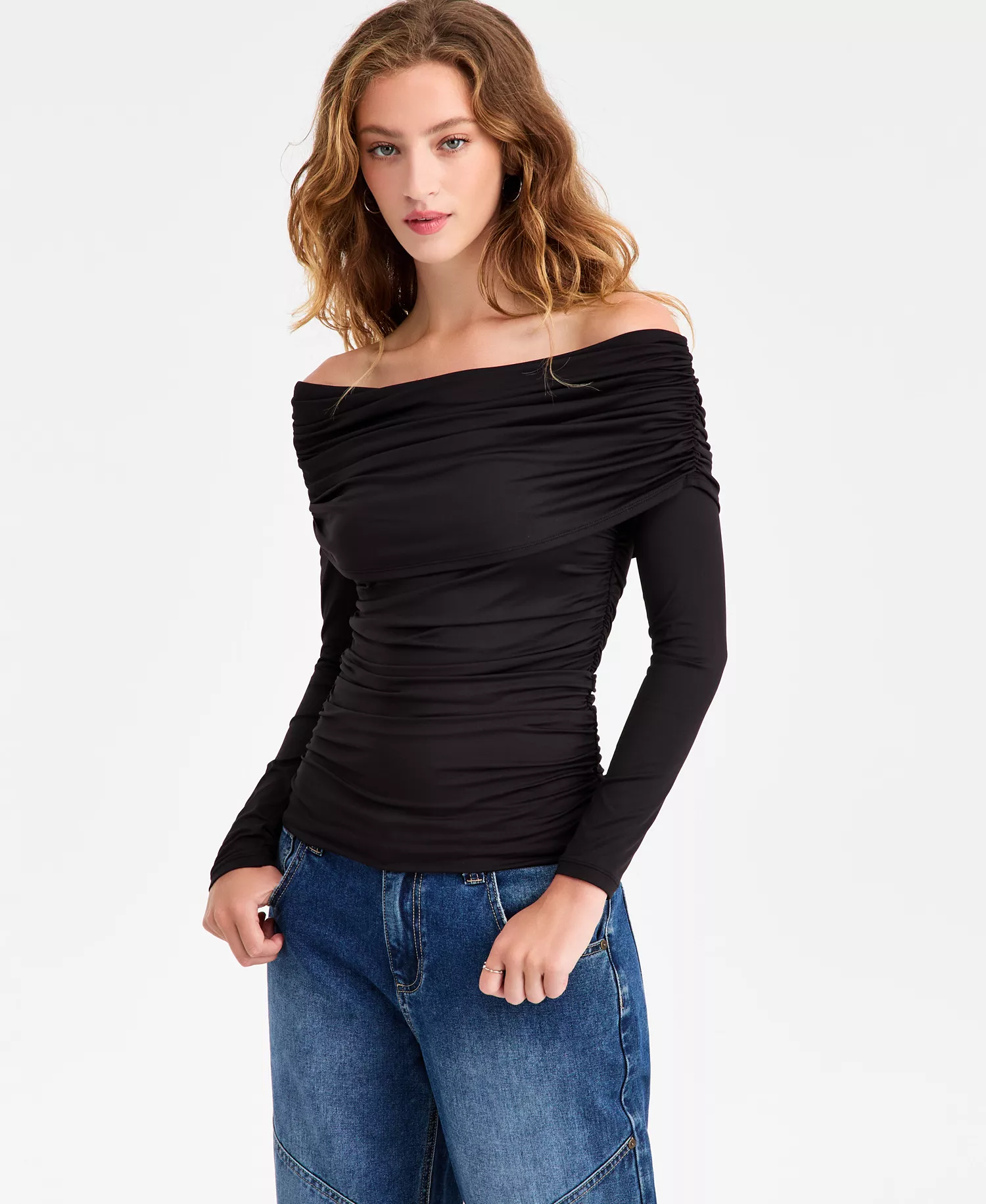 Women's Off-The-Shoulder Ruched Knit Top, Macy's Exclusive - Deep Black - L