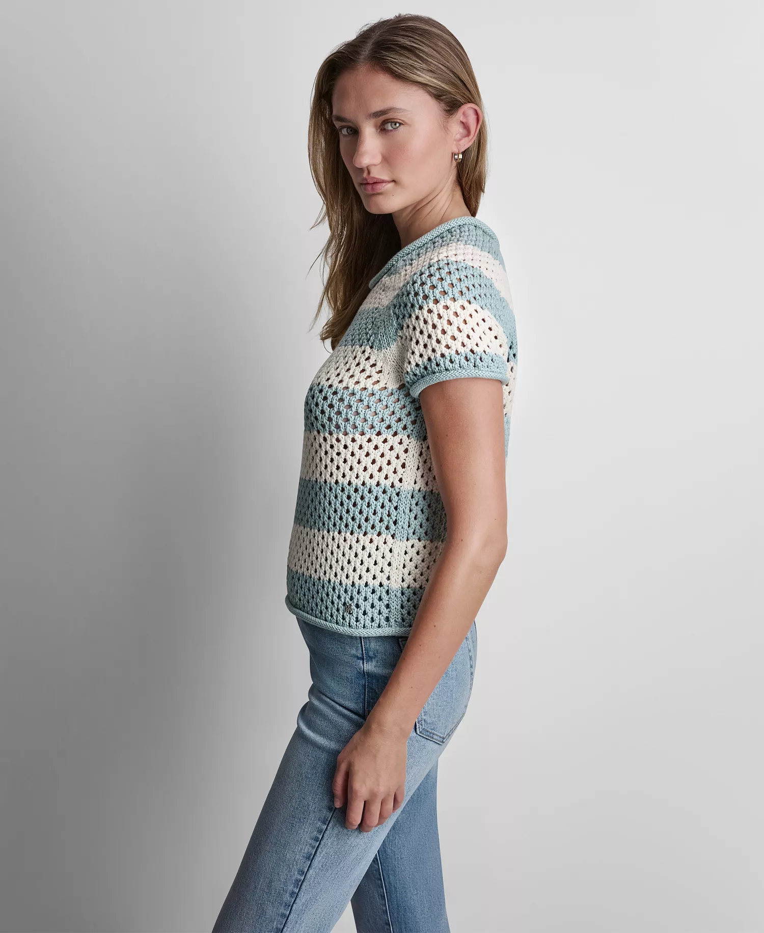 Petite Short-Sleeve Raglan Stripe Crewneck Pointelle Sweater - Mineral/Eggnog - PL