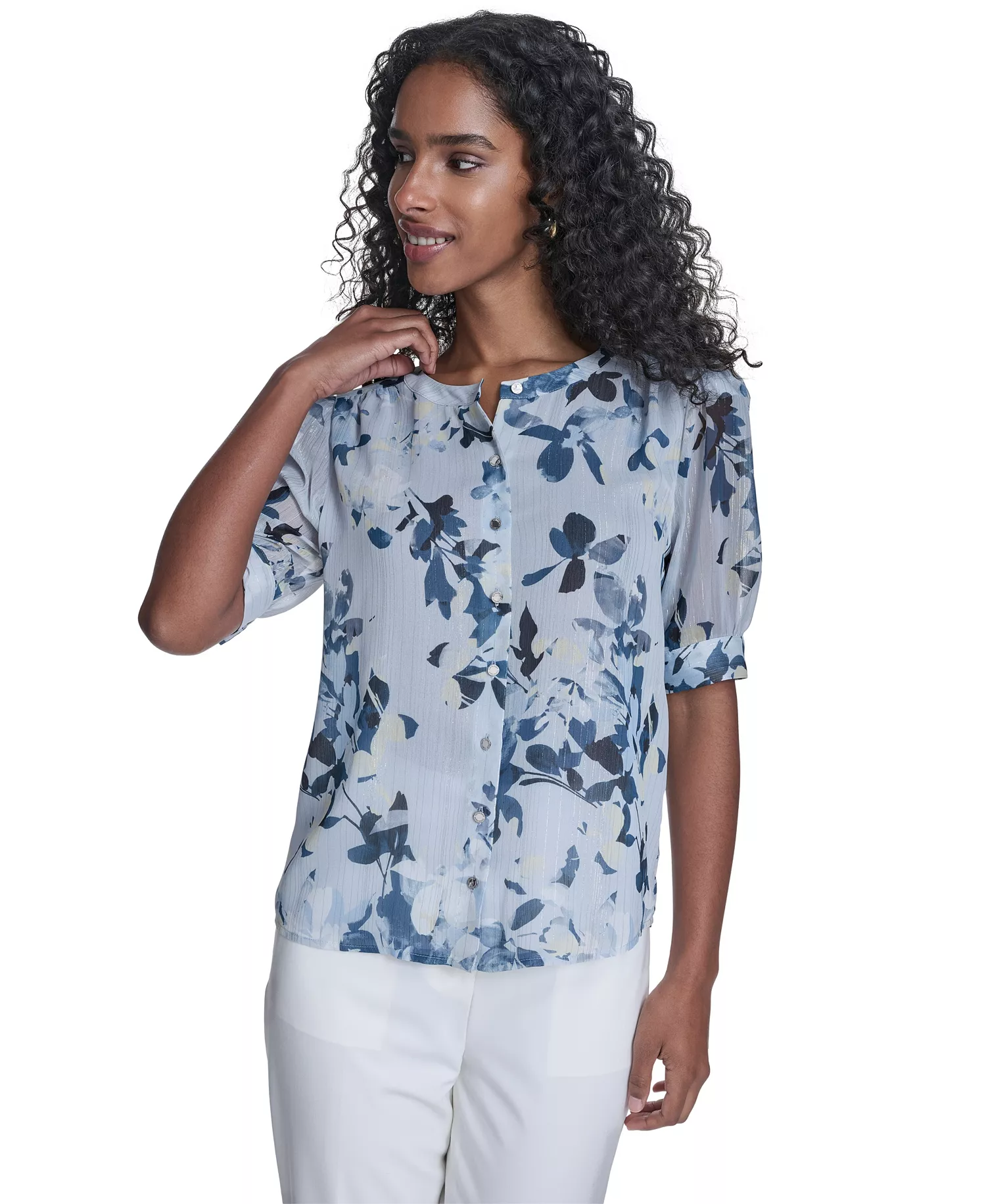 Petite Short-Sleeve Button Front Top - Mist/Double Cream - P/L