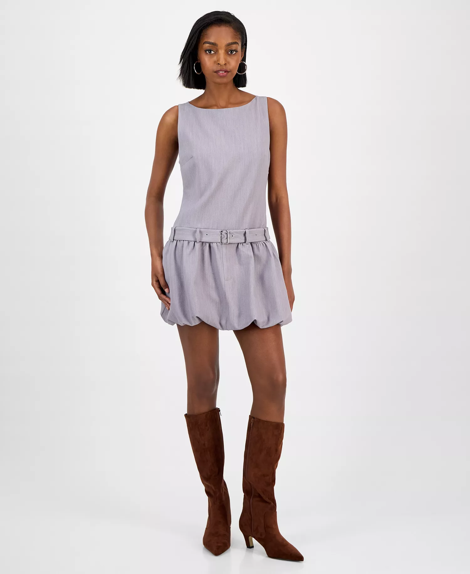 Women's Belted Bubble-Hem Minidress, Macy's Exclusive - Mercury Grey - L