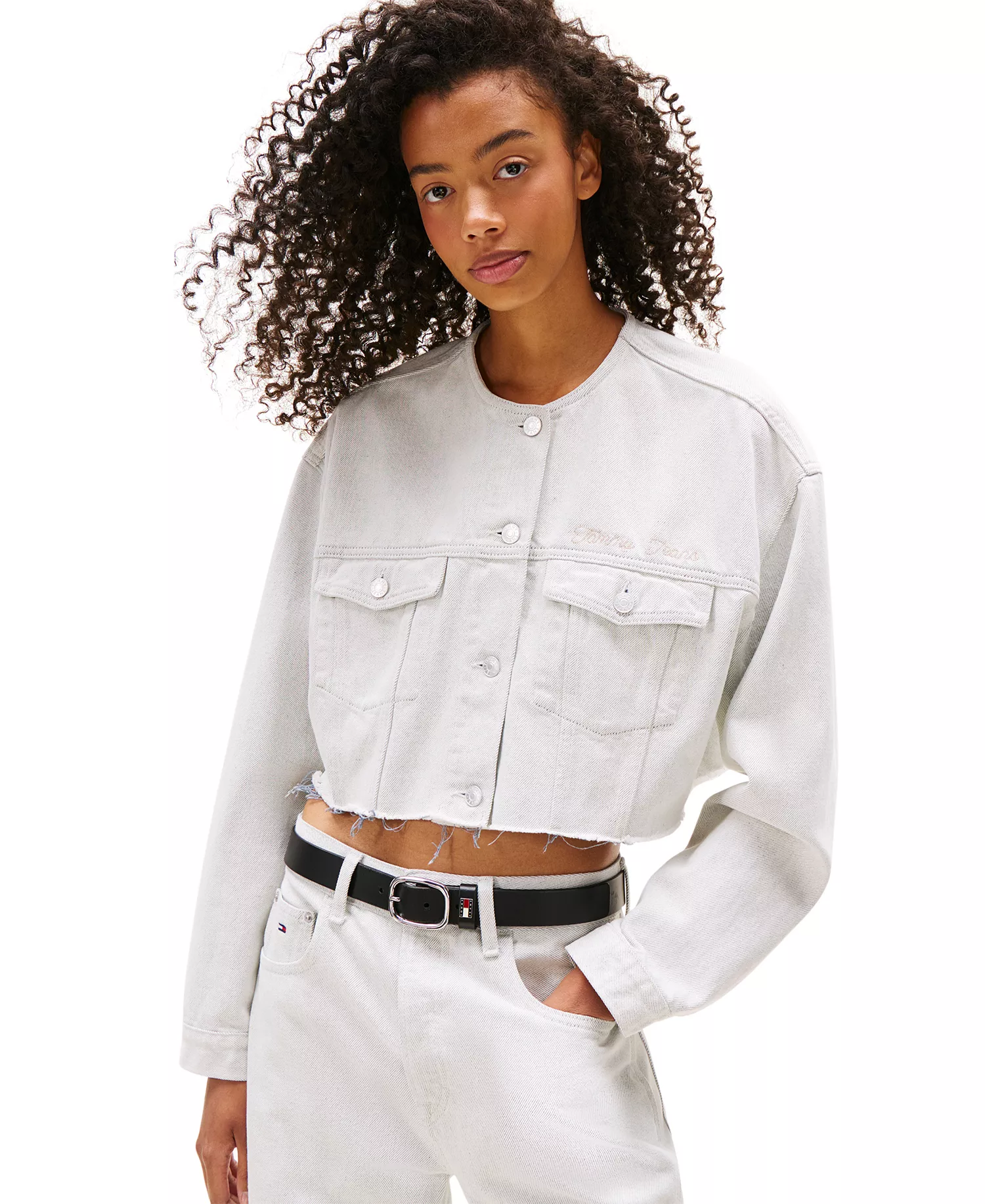Women's Oversize Collarless Crop Jacket - Denim White 01 - L