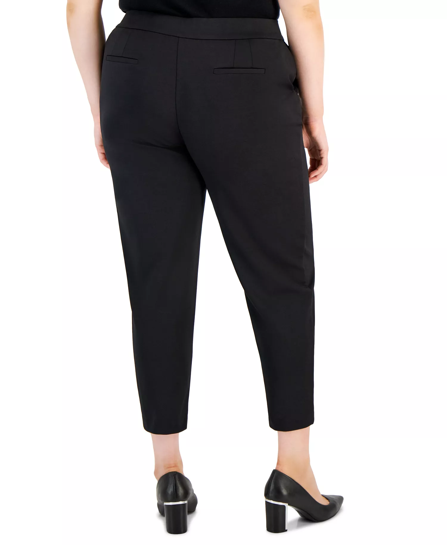 Plus Size Ponte Faux Double-Breasted Blazer, Sweater T-Shirt, & Ponte Front-Seamed Pants - Black - 14W