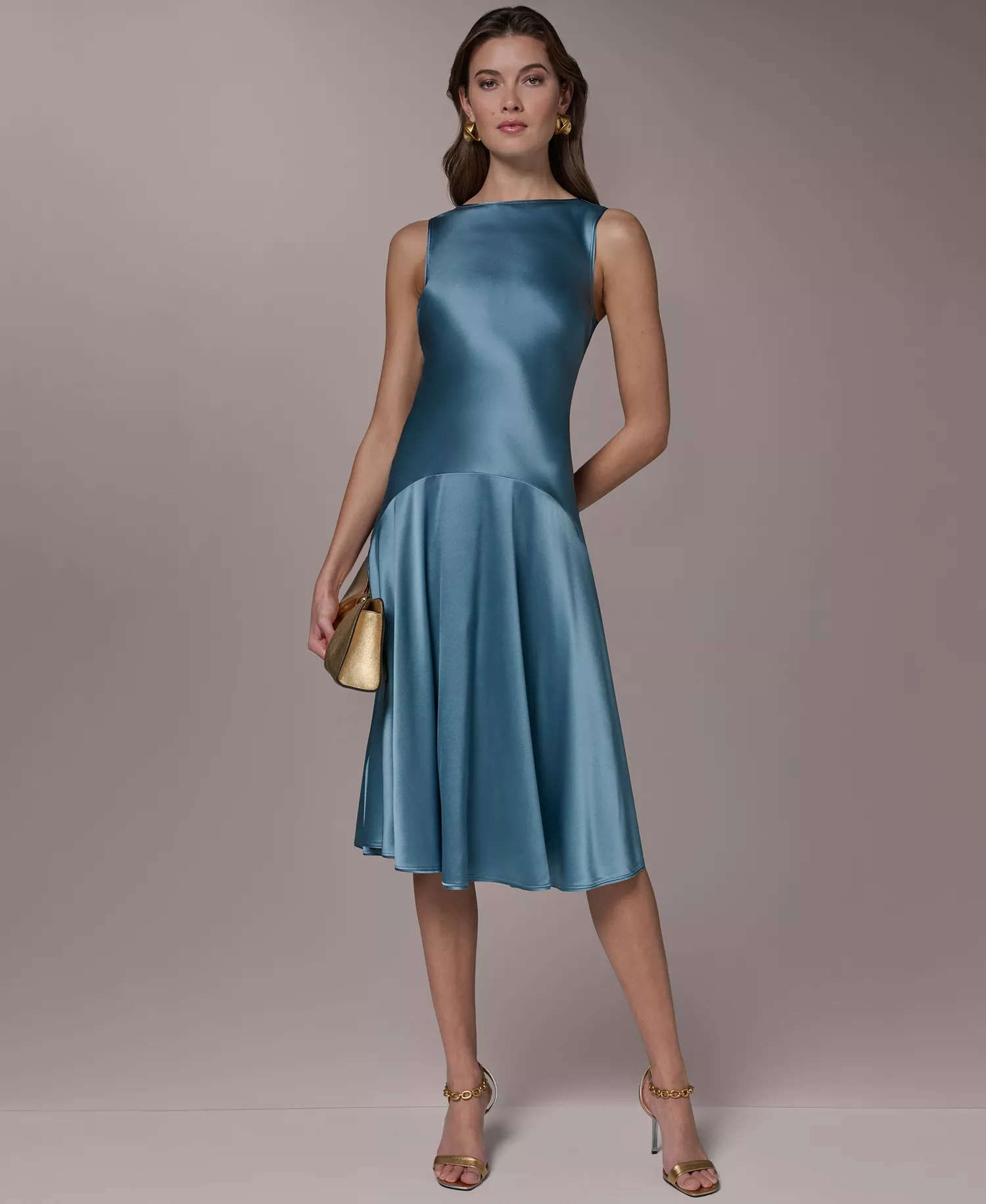 Women's Silk Sleeveless Boat Neck Midi Dress - Washed Indigo - 10