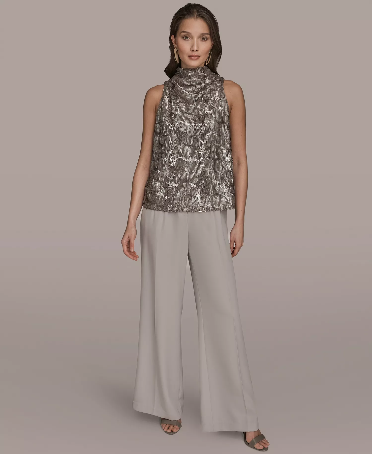 Women's Sequined Cowl Neck Top - Antique Silver - L