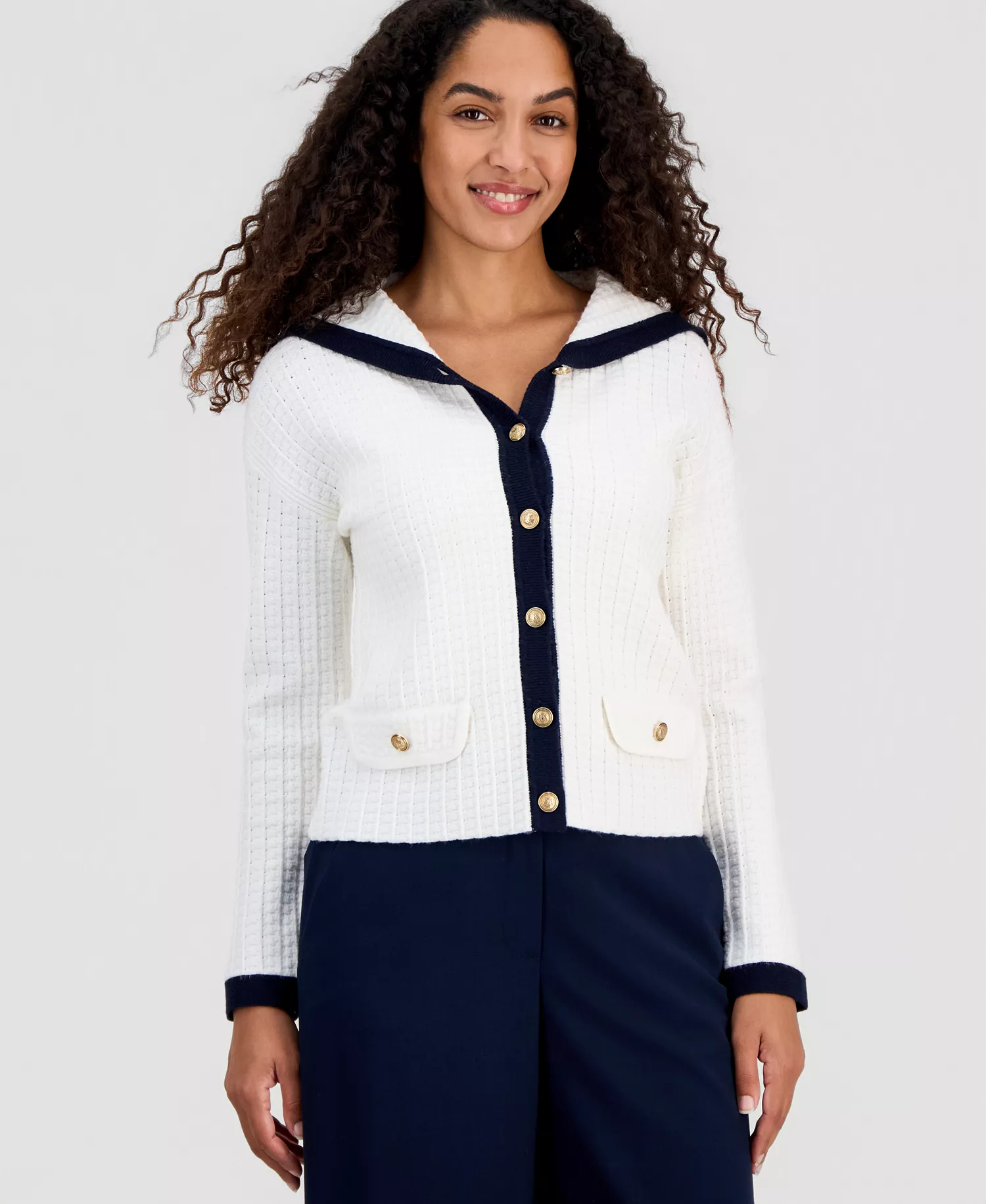 Women's Sailor-Collar Tipped Cardigan - White Star - L