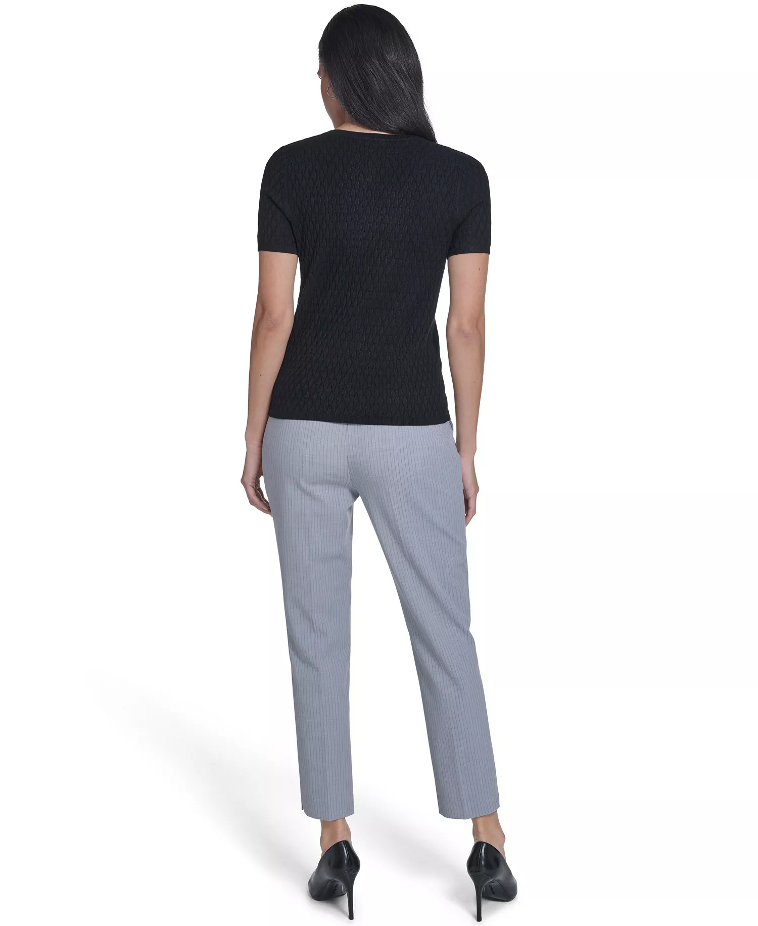 Women's Short-Sleeve Textured Sweater - Black - L