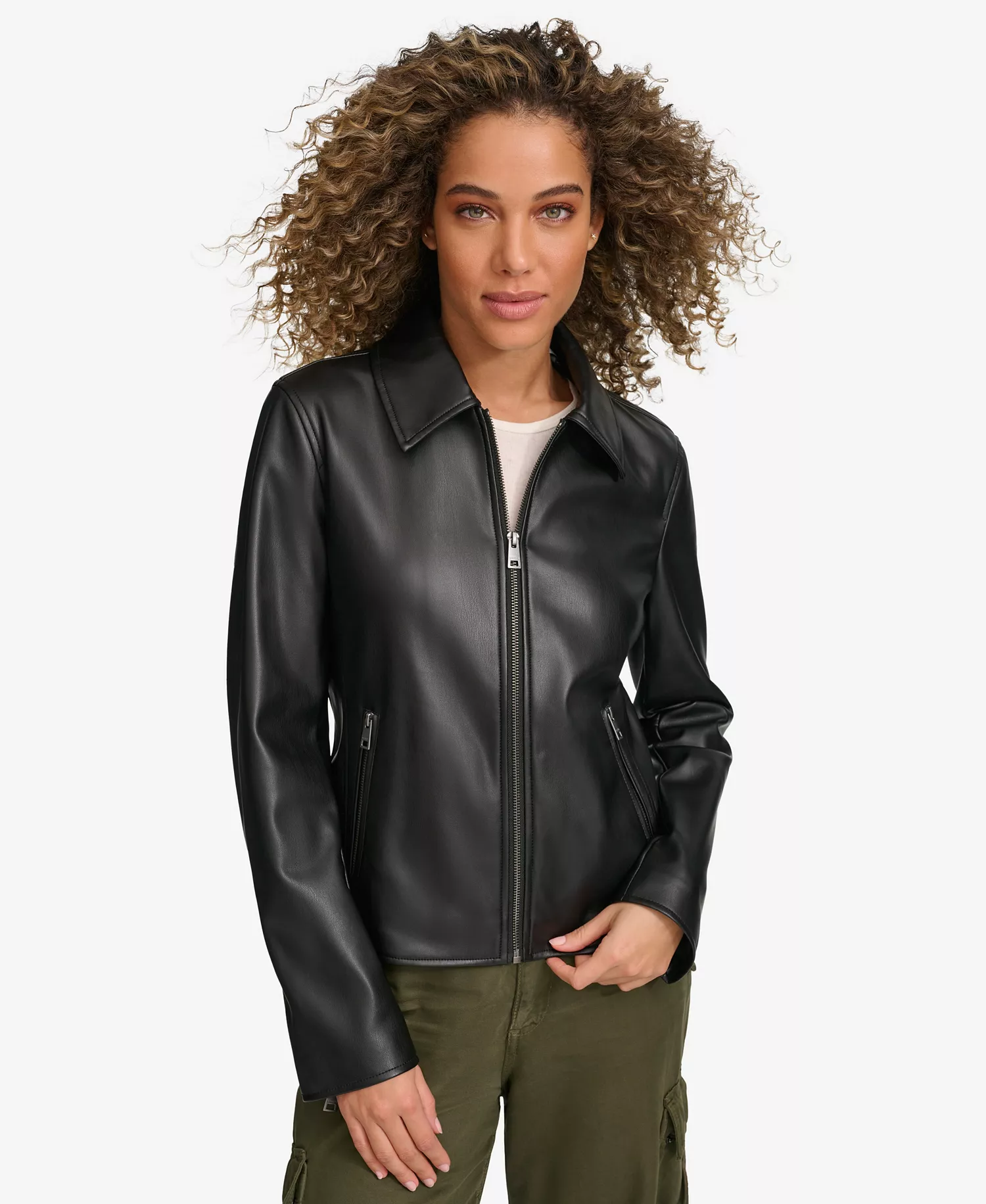Women's Faux Leather Laydown Collar Jacket - Black - L
