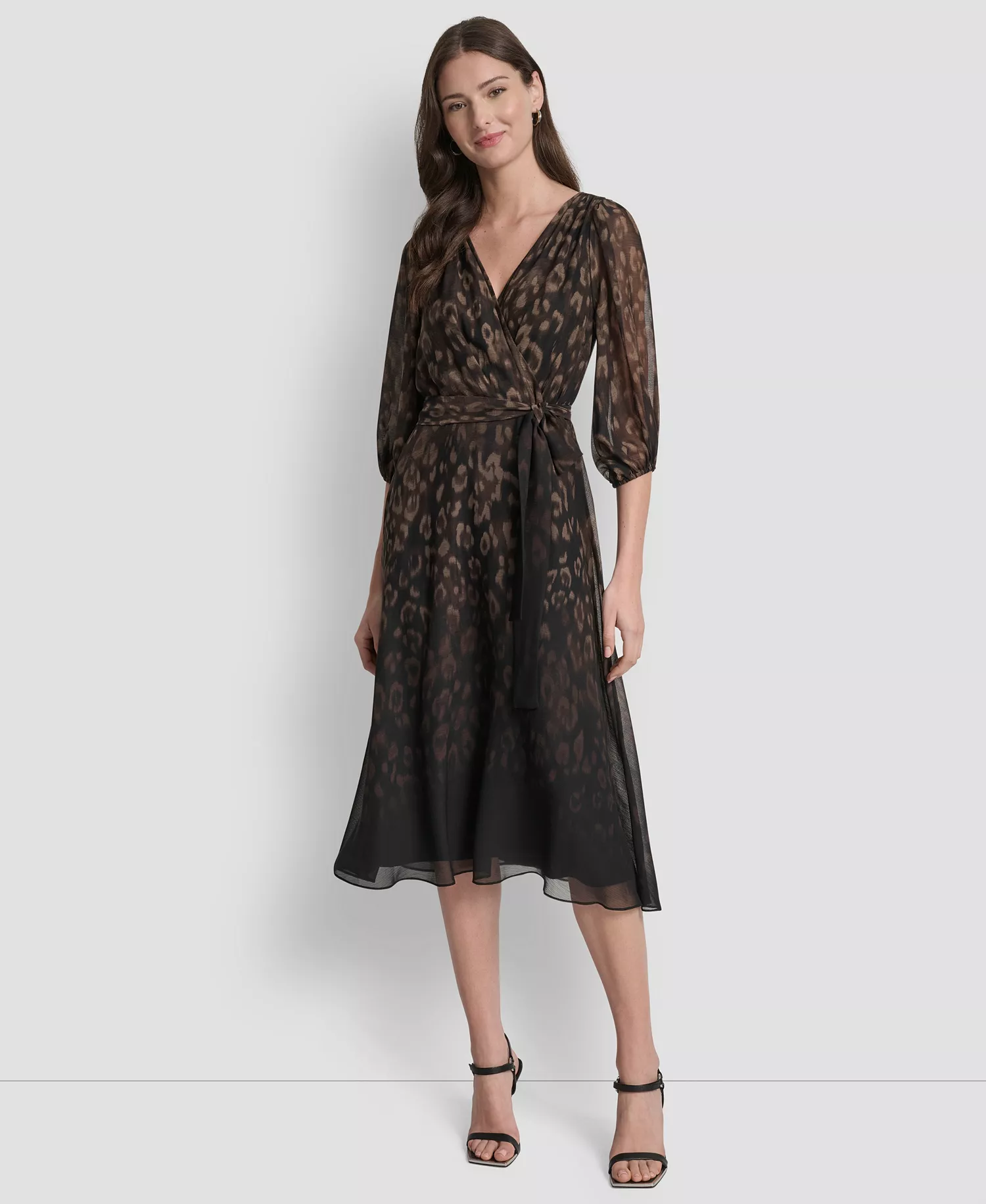 Women's Balloon Sleeve Faux Wrap Midi Dress - Chocolate/Black - 2