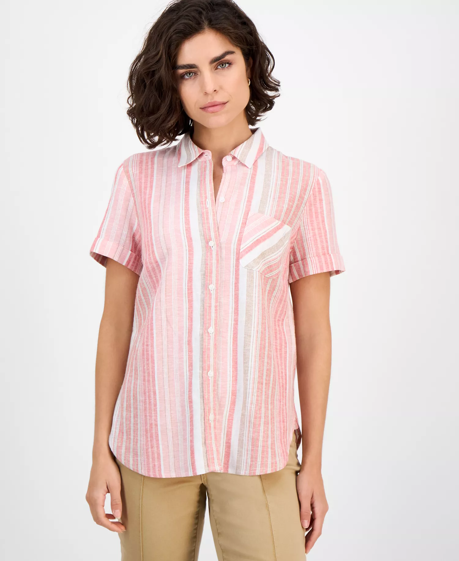 Nautica Women's Striped Short-Sleeve Camp Shirt - Bridal Rose Multi - L