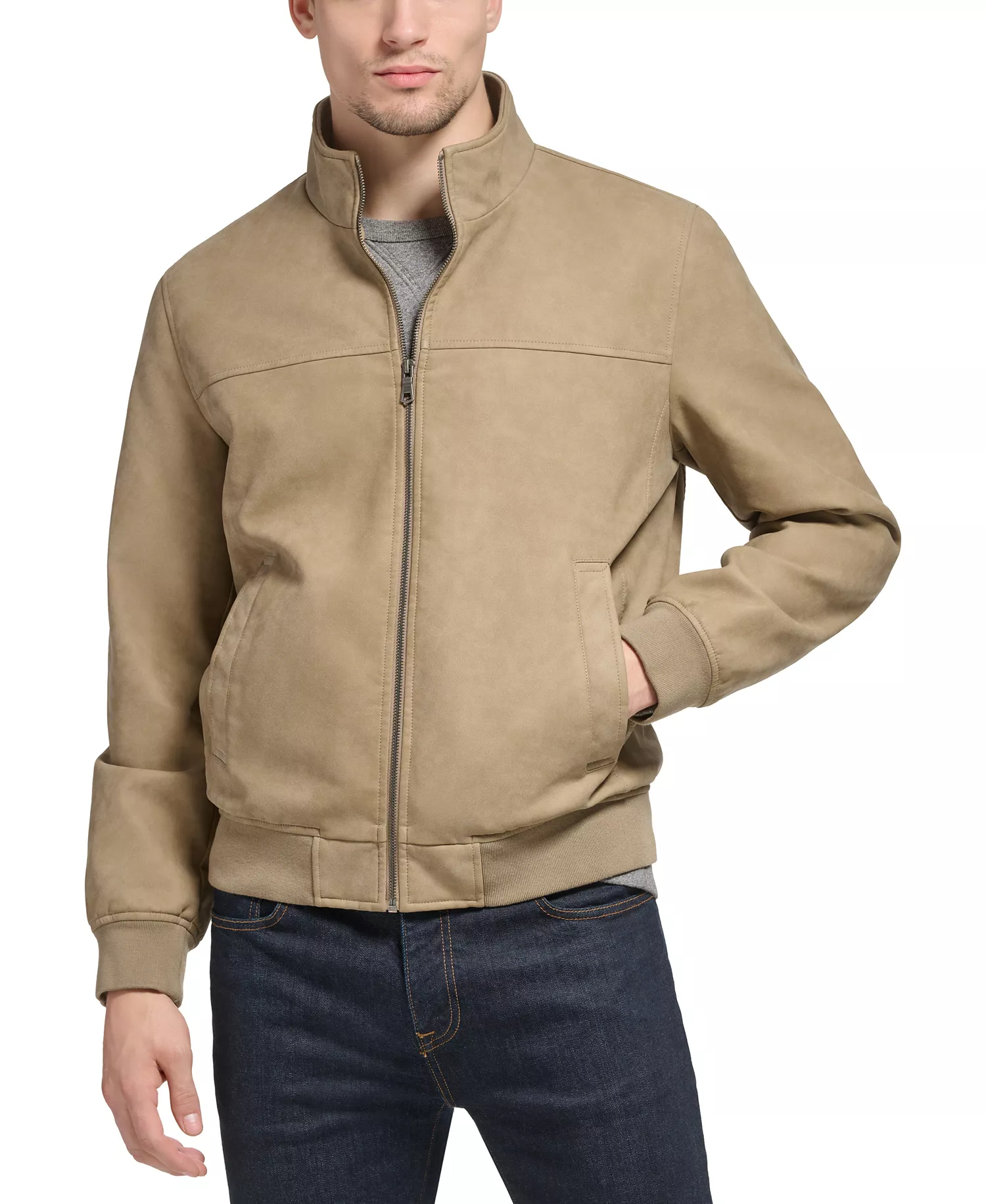 Men's Faux Leather Stand Collar Bomber - Sand - M