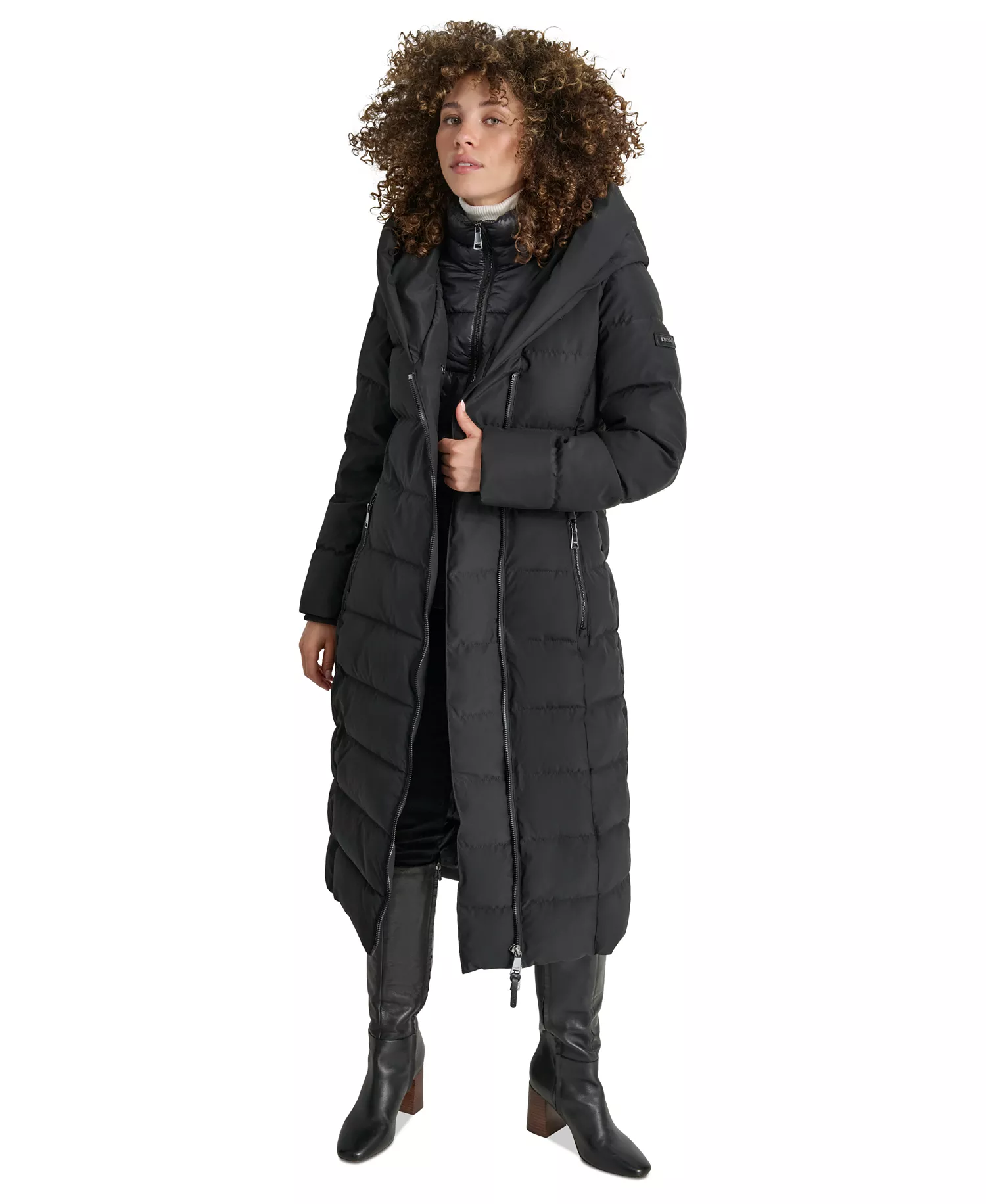 Women's Bibbed Shawl Collar Hooded Puffer Coat - Black - L