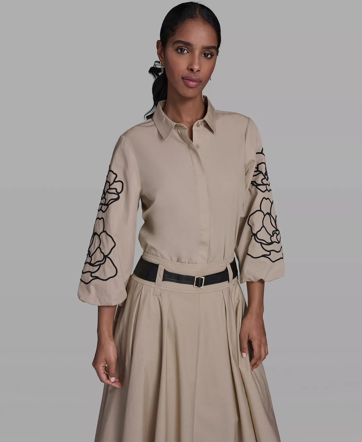 Women's Floral Detailed Collared Blouse - French Beige - L