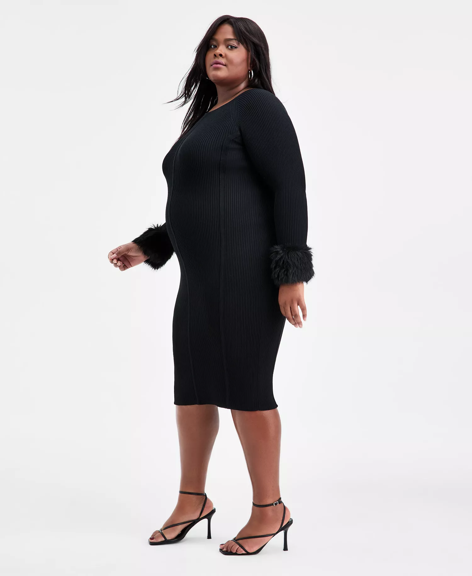 Trendy Plus Size Removable Faux-Fur Cuff Dress, Macy's Exclusive - Deep Black - 0X